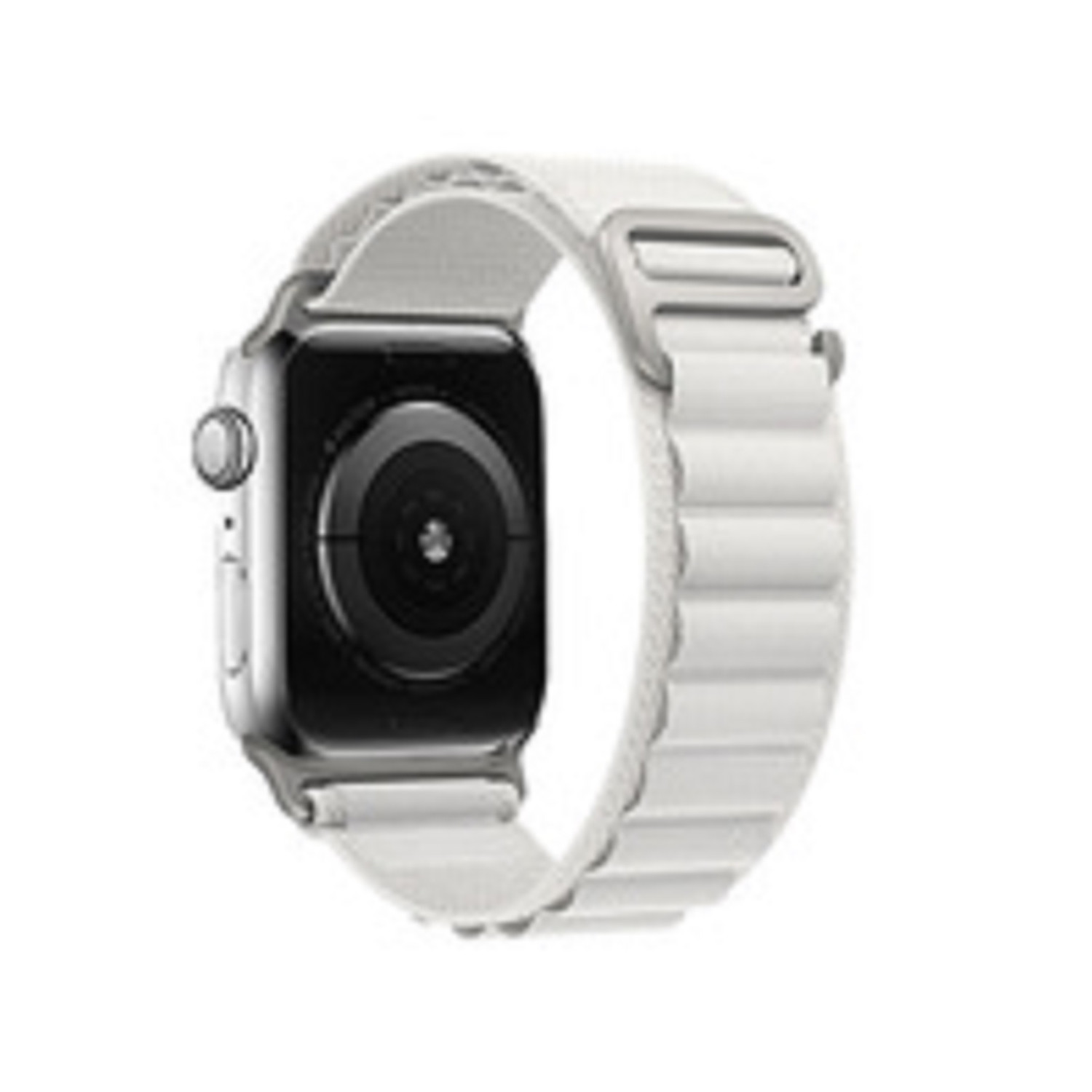Apple Watch mit weißem Sportarmband, von hinten betrachtet.