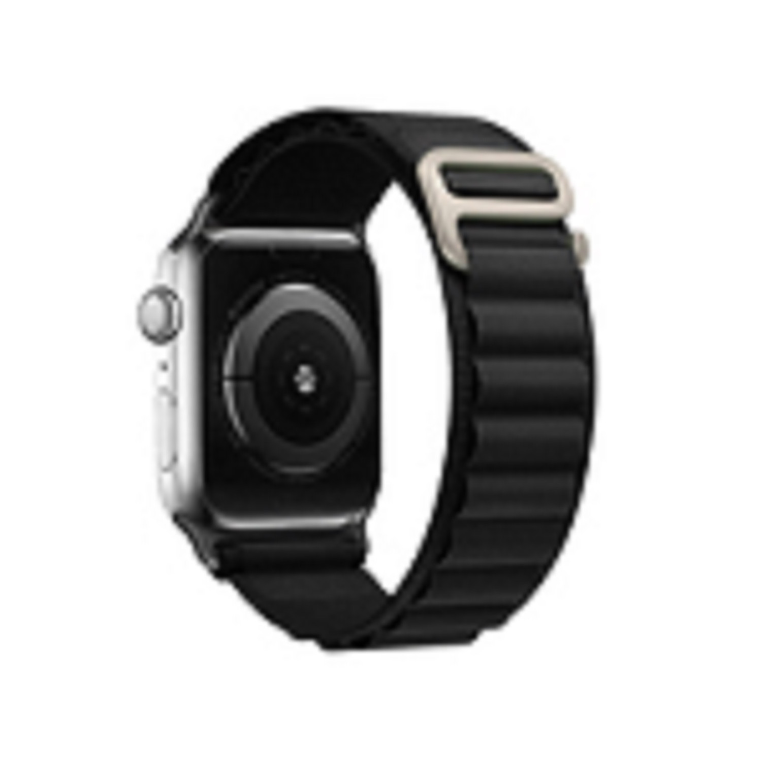 Eine Apple Watch mit schwarzem Armband und silbernem Zifferblatt, von hinten betrachtet.