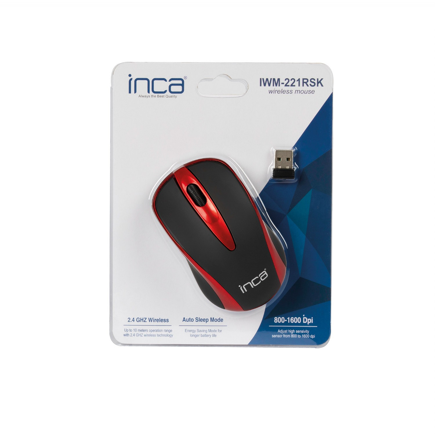 Eine kabellose Maus in Schwarz und Rot. Sie hat einen USB-Empfänger und Inca-Marken.