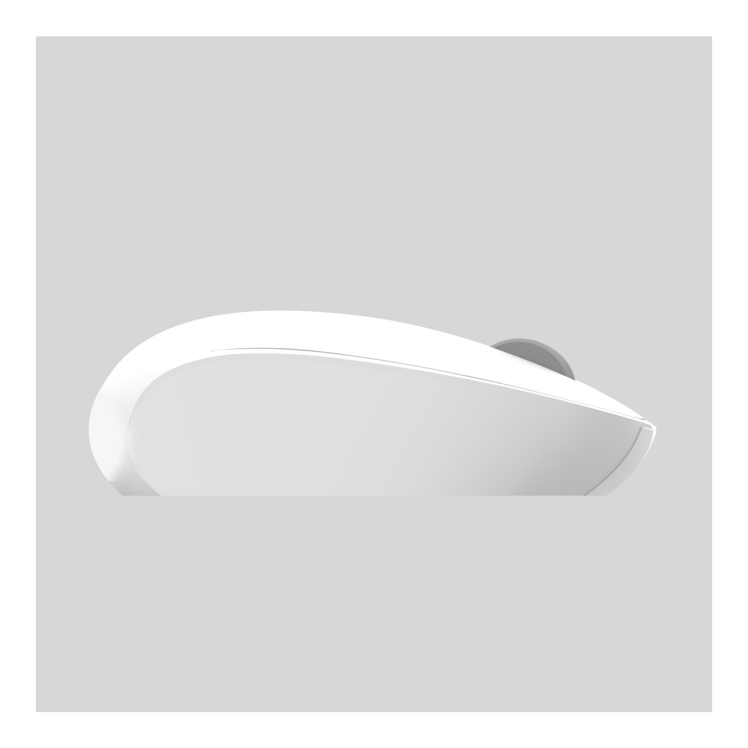 White computer mouse from above on a light gray background.