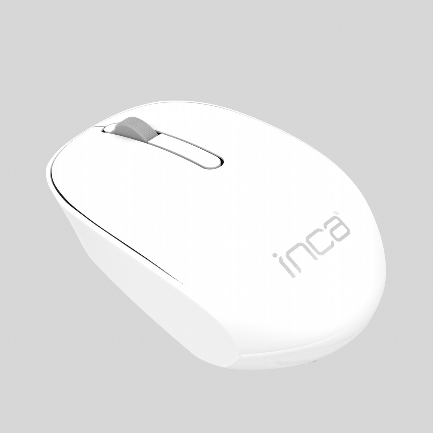 White INCA mouse. It has a scroll wheel and the INCA logo. On a light gray background.