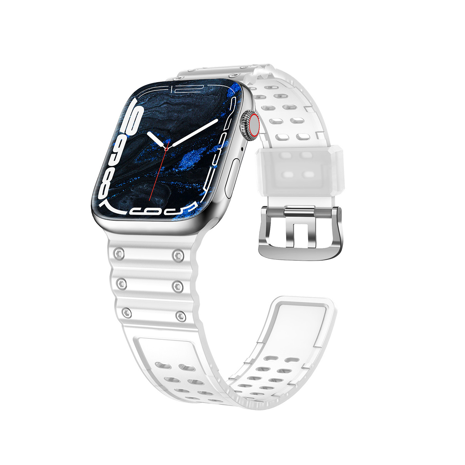 Silberne Smartwatch mit weißem, transparentem Armband. Das Armband ist mit der Uhr verbunden.