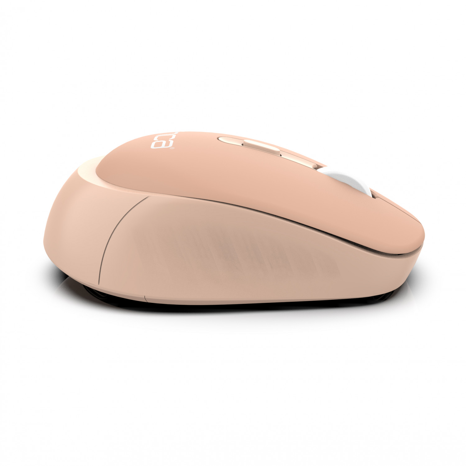 Eine pinkfarbene, kabellose Maus. Sie hat ein Scrollrad und Tasten. Die Maus liegt auf weißem Untergrund.