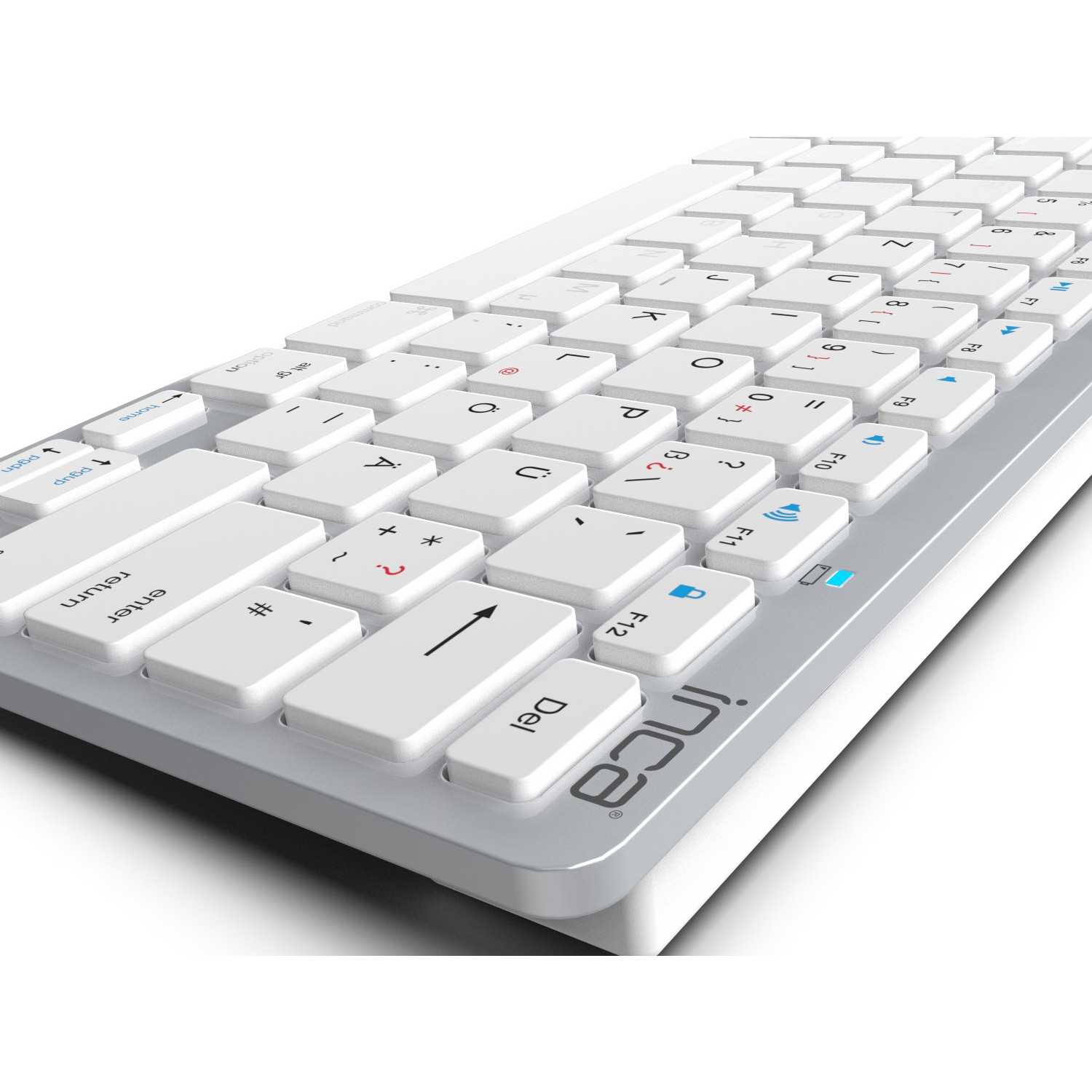 Biała klawiatura na białym tle. Klawisze z literami, cyframi i symbolami.