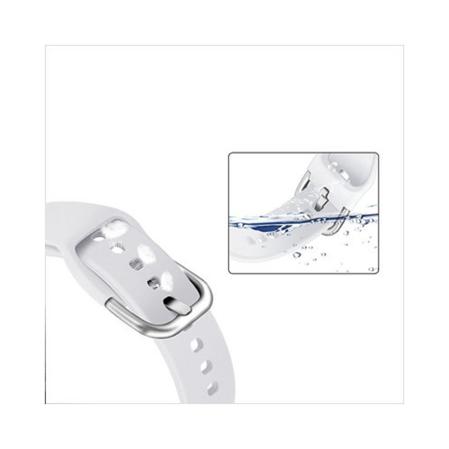 Weißes Uhrenarmband mit Metallschnalle und eine vergrößerte Abbildung unter Wasser.