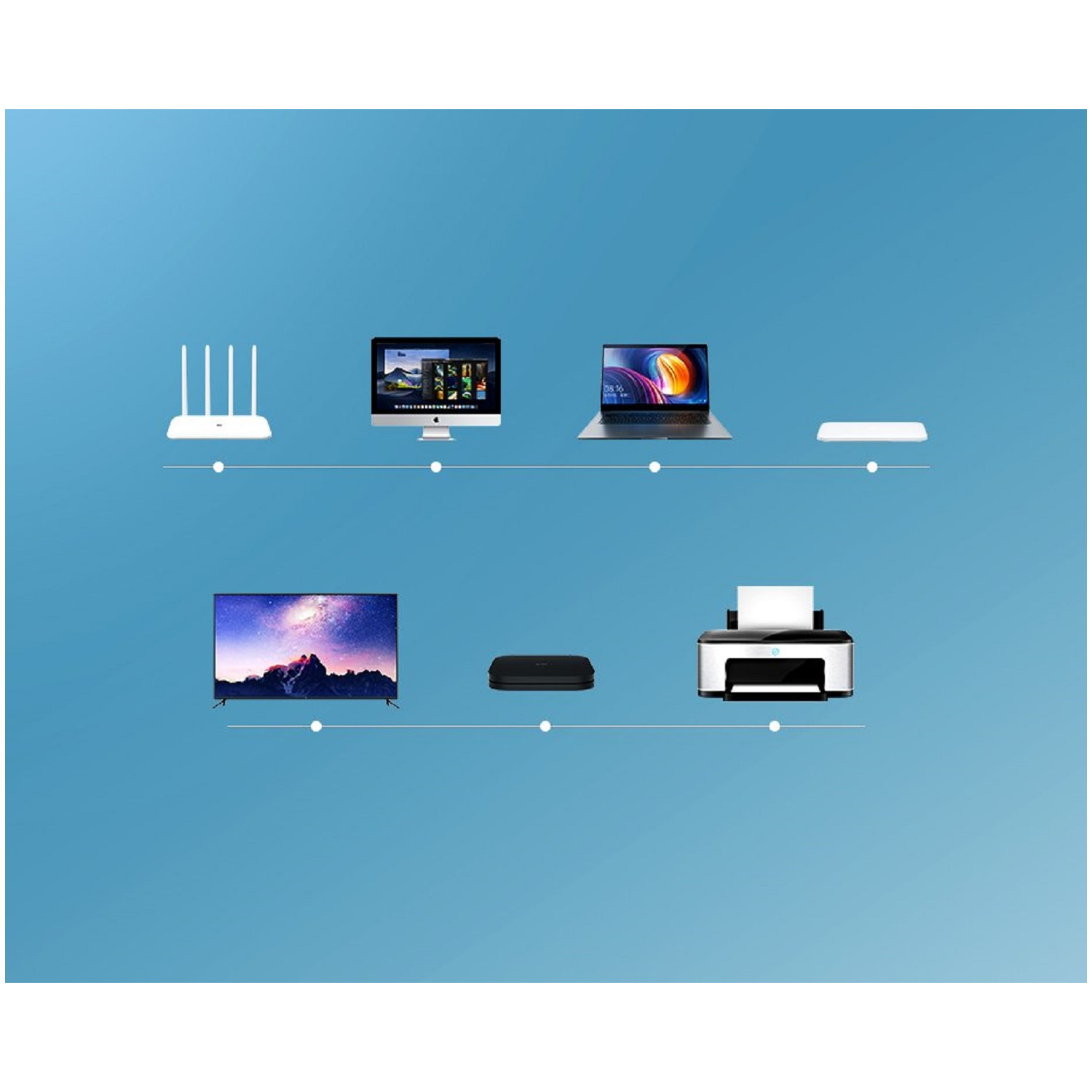 Diagram przedstawiający połączone urządzenia: router, komputer, laptop i drukarkę.