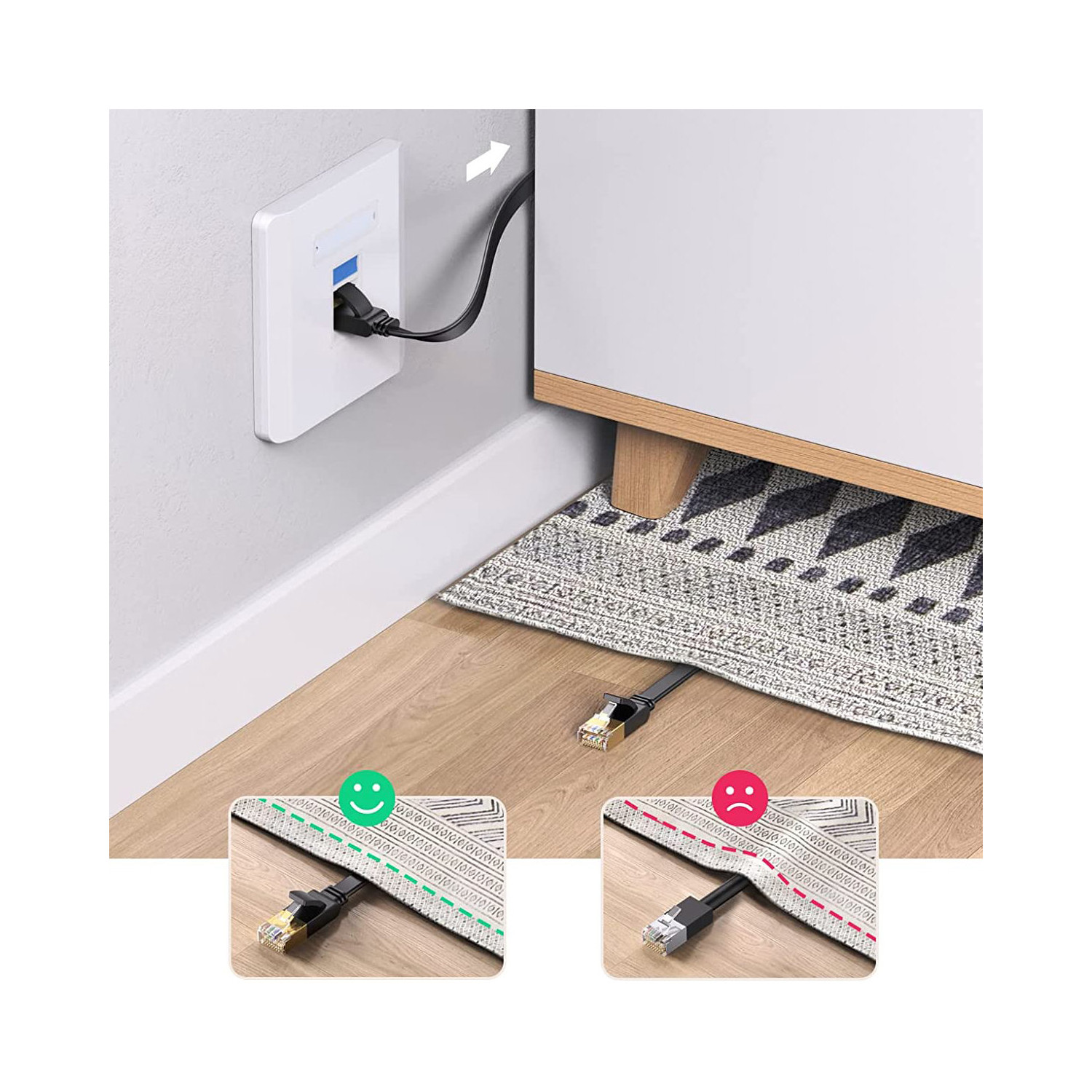 Instalacja kabla Ethernet. Jedna poprawna, jedna niepoprawna. Dobra instalacja pokazuje zielony haczyk, zła czerwony X.