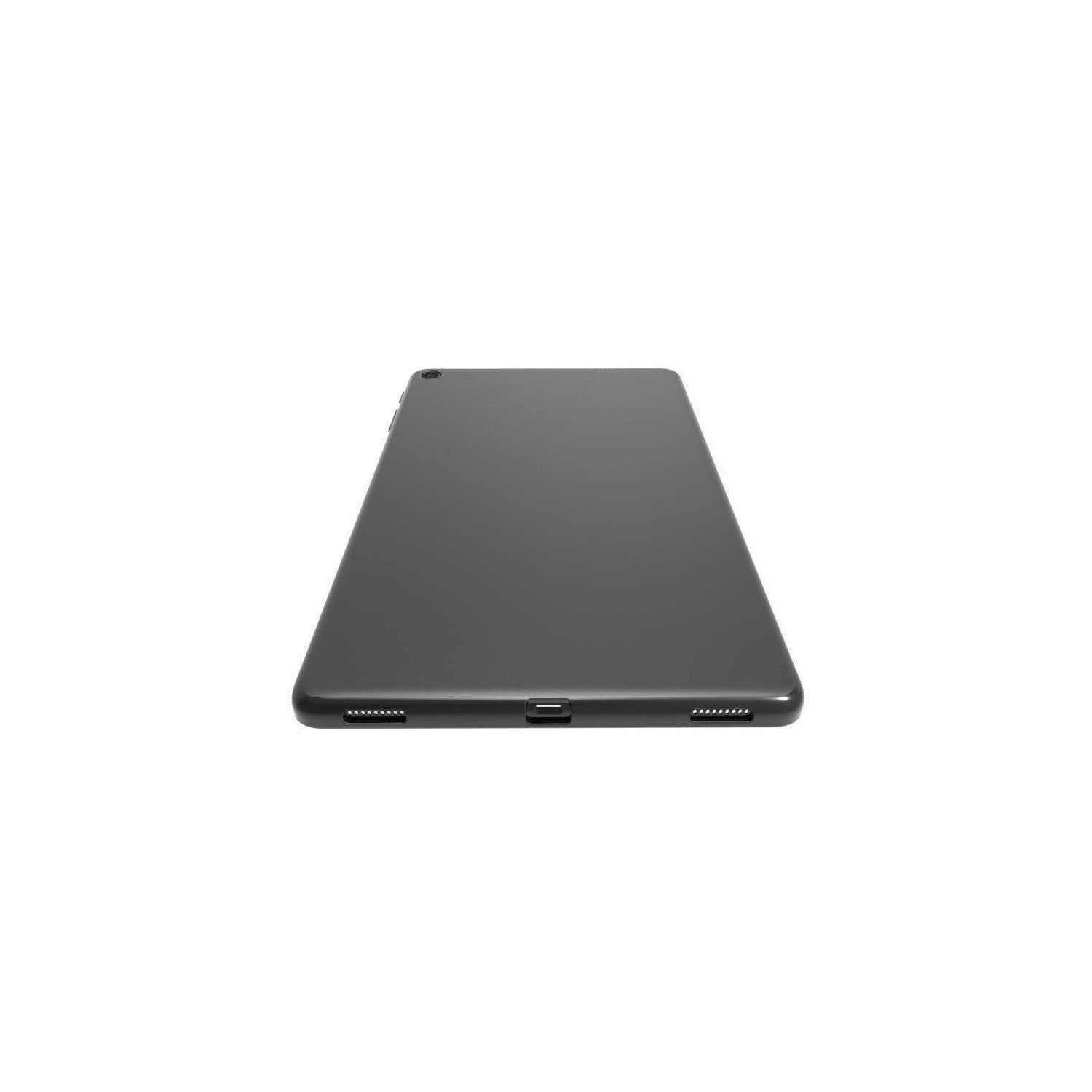 Ein schwarzes Tablet, Rückansicht. Zeigt die Kamera und die Lautsprecher, isoliert auf weißem Hintergrund.