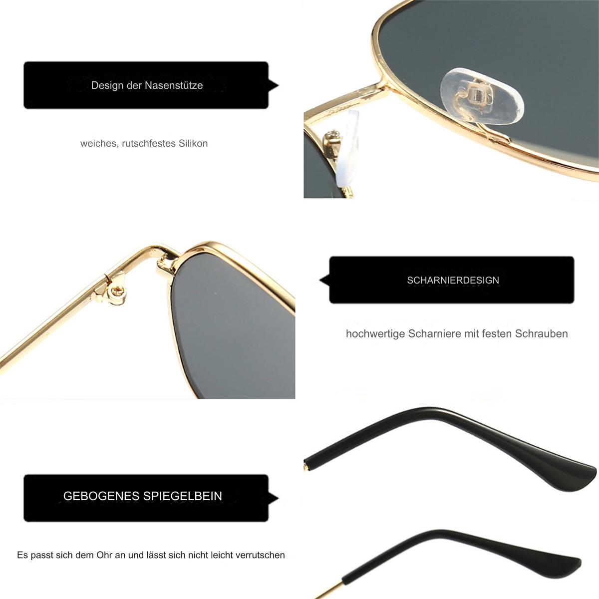 Nahaufnahme einer Sonnenbrille mit Textbeschriftungen, die auf die Merkmale der Brille hinweisen.