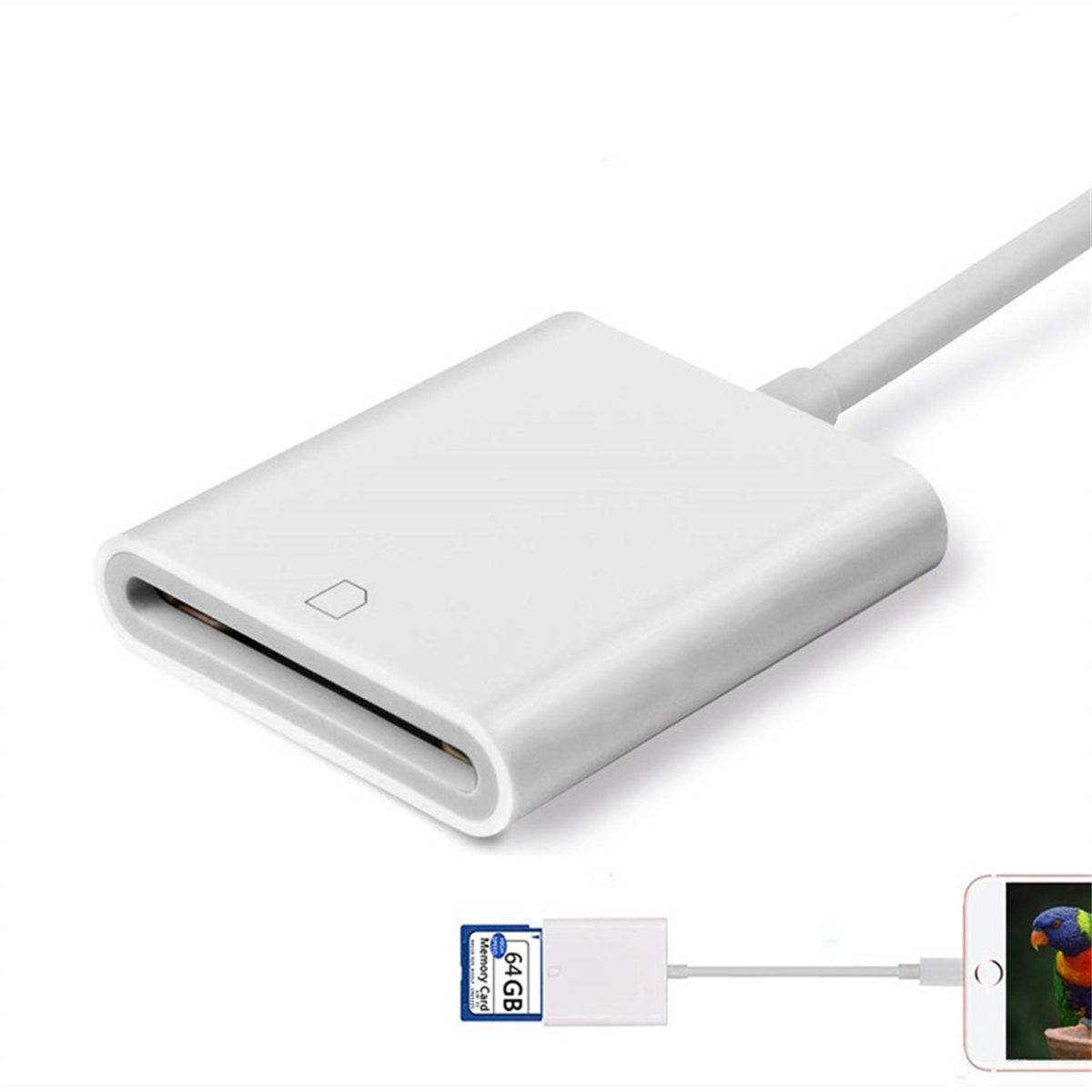 Weißes SD-Kartenlesegerät mit 64GB-Karte. Weißes Kabel. Telefon und farbiges Bild gezeigt.