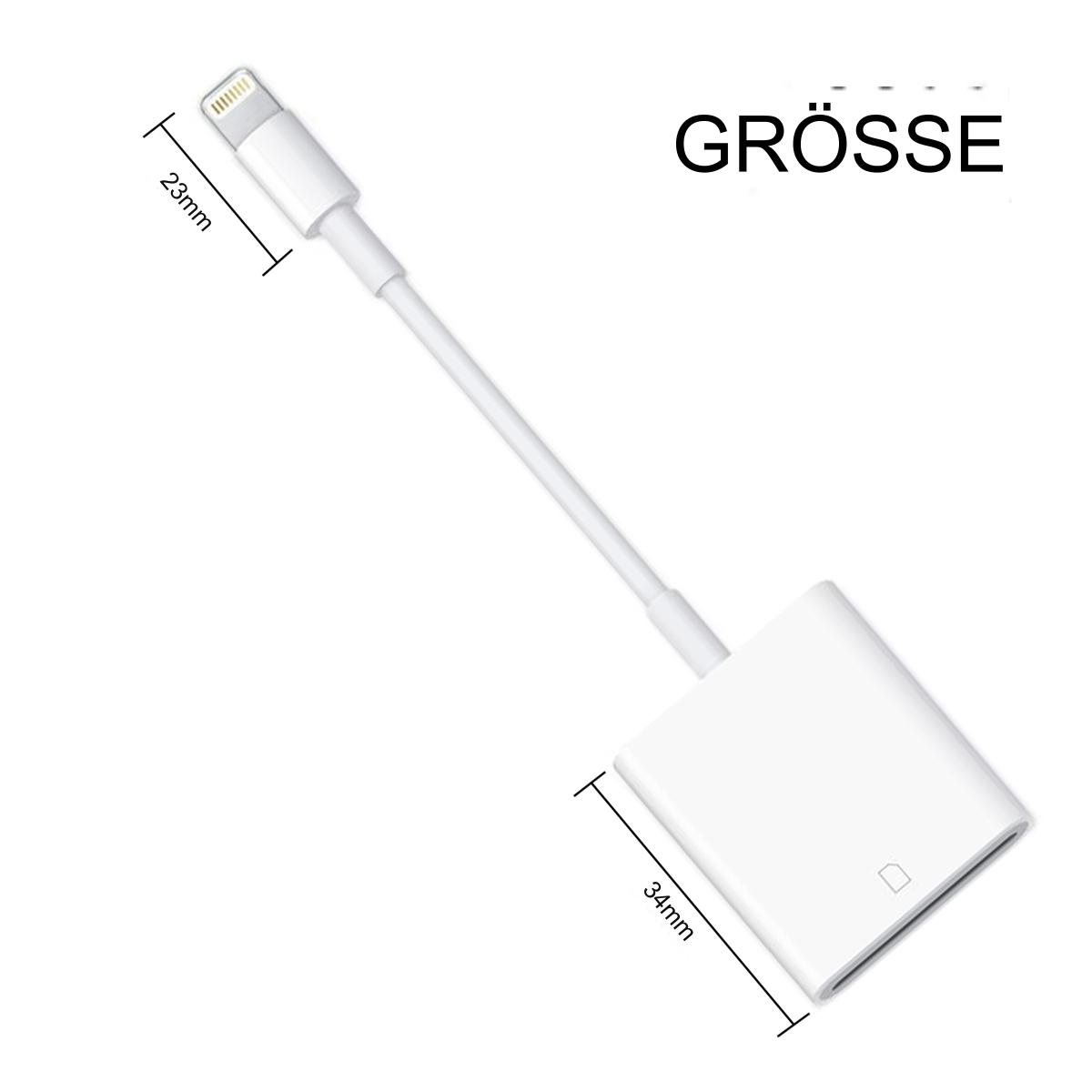 Weißer iPhone-Adapter. Hat einen Lightning-Anschluss und einen Buchsenanschluss. Abmessungen: 23mm x 34mm.