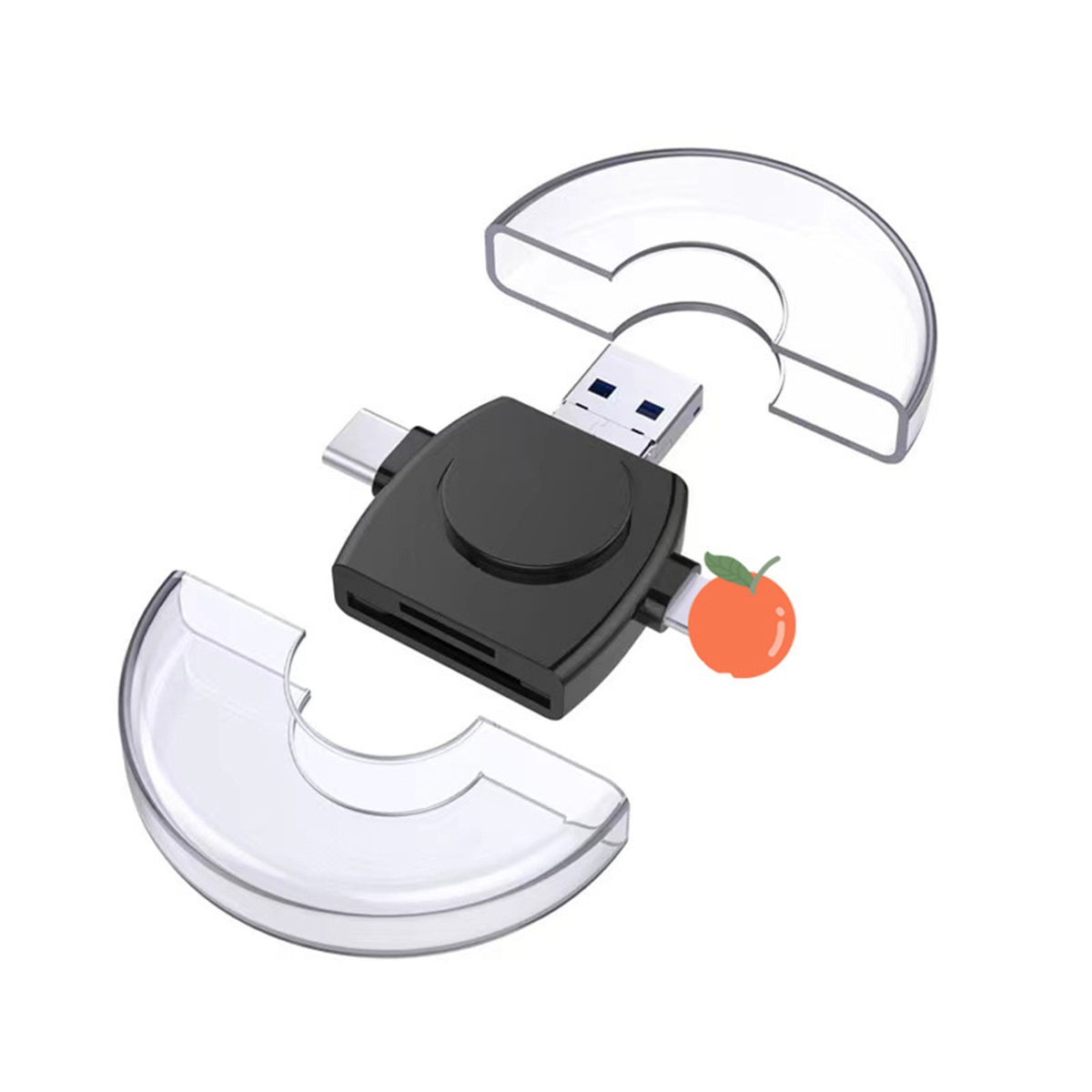 Ein schwarzer Kartenleser mit USB-A-, USB-C- und SD-Kartensteckplätzen, offen mit durchsichtigen Abdeckungen.