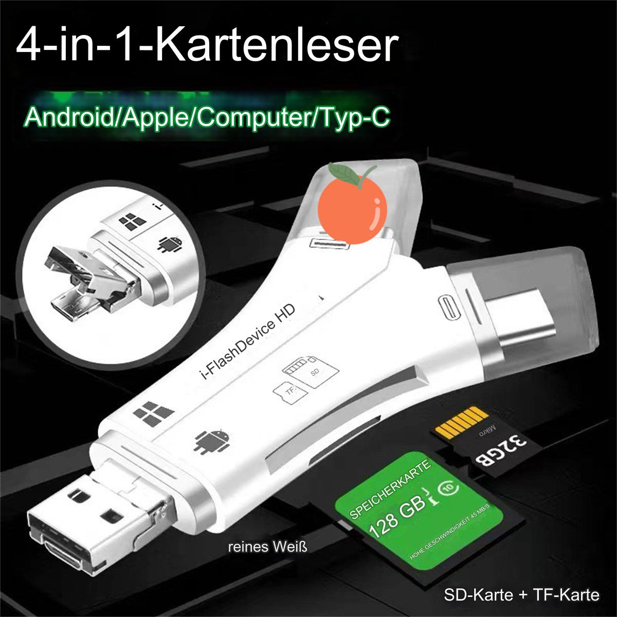 Weißer 4-in-1-Kartenleser mit verschiedenen Anschlüssen und SD-Karte.
