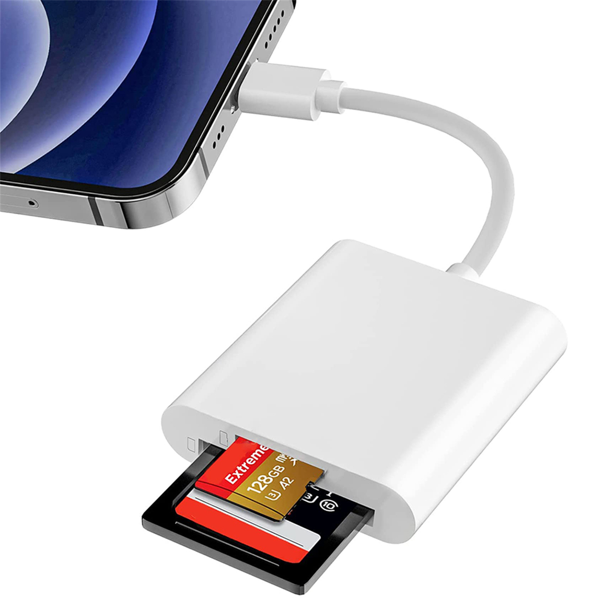 Weißer Kartenleser, der mit einem Telefon verbunden ist. Zwei Karten sind in den Leser eingesetzt.