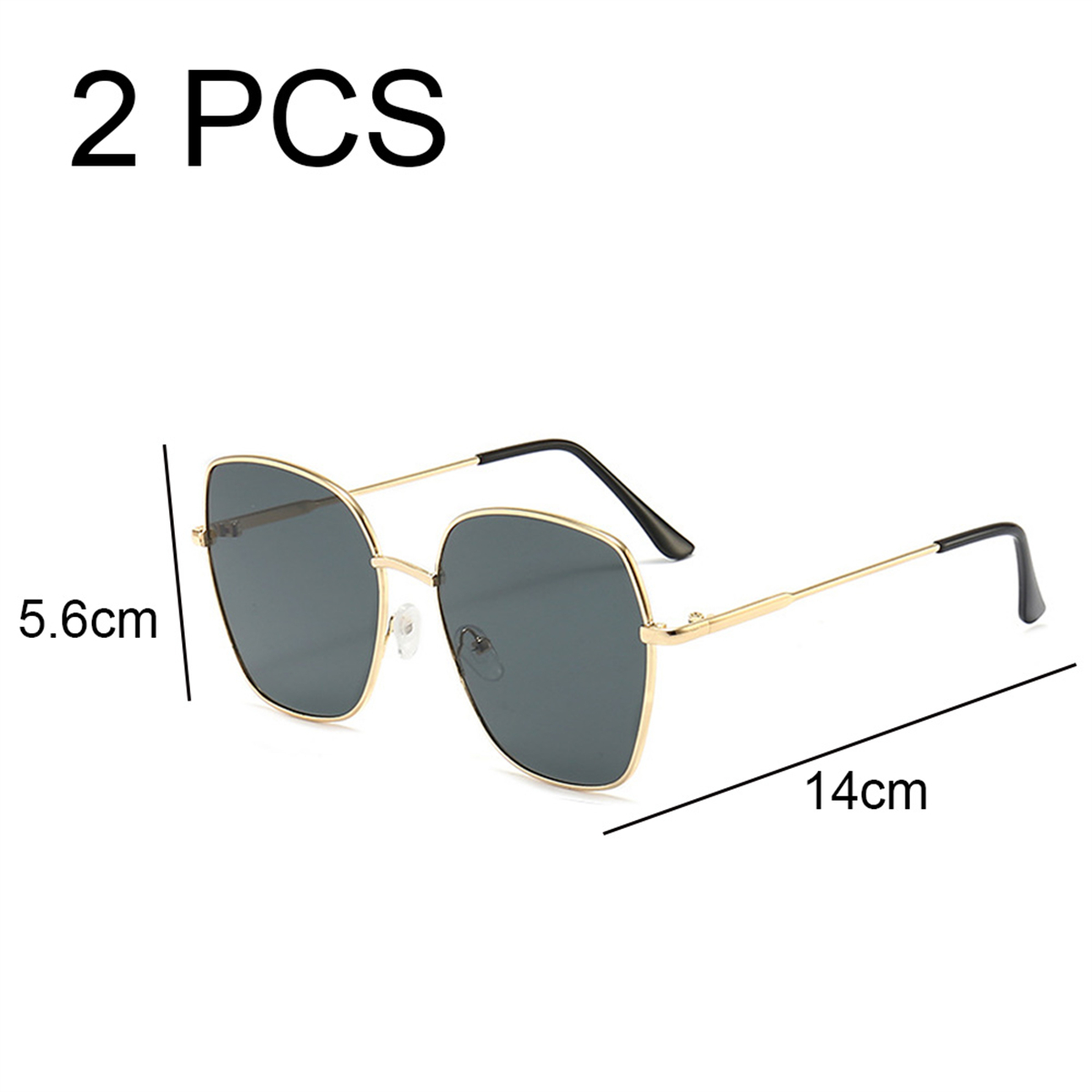 Sonnenbrille mit schwarzem Rahmen und schwarzen Gläsern. Text: 2 STÜCK. Abmessungen: 5,6 cm x 14 cm.