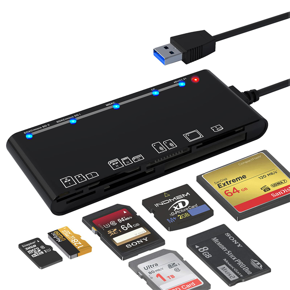 Schwarzes Kartenlesegerät mit USB-Kabel und verschiedenen SD-Karten.