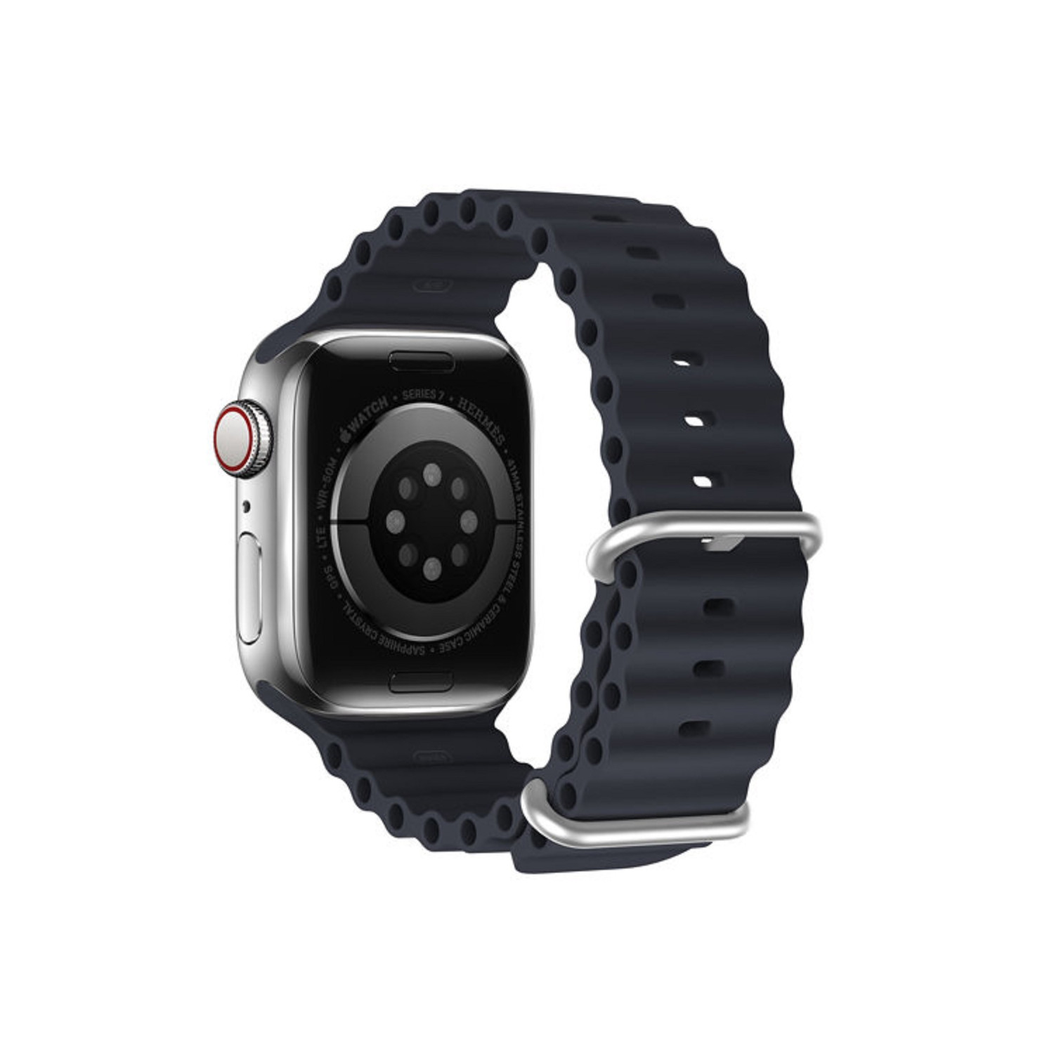 Silberne Apple Watch mit dunkelblauem Armband. Rückseite der Uhr sichtbar. Silberner Metallverschluss.
