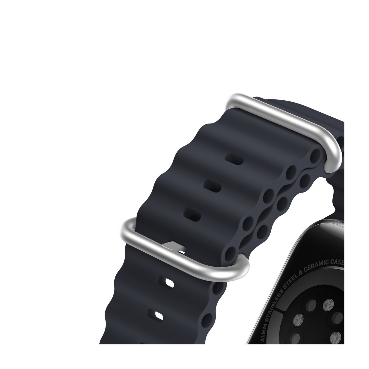 Nahaufnahme eines schwarzen Uhrenarmbands mit silbernen Metallschlaufen.