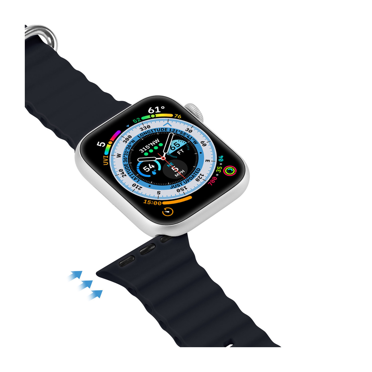 Eine Apple Watch mit abgenommenem schwarzen Armband, zeigt das Zifferblatt mit verschiedenen Anzeigen.