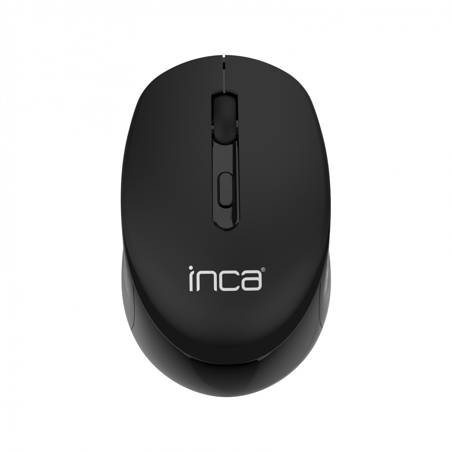 Schwarze Computermaus mit Inca-Logo. Sie hat ein Scrollrad und Tasten.