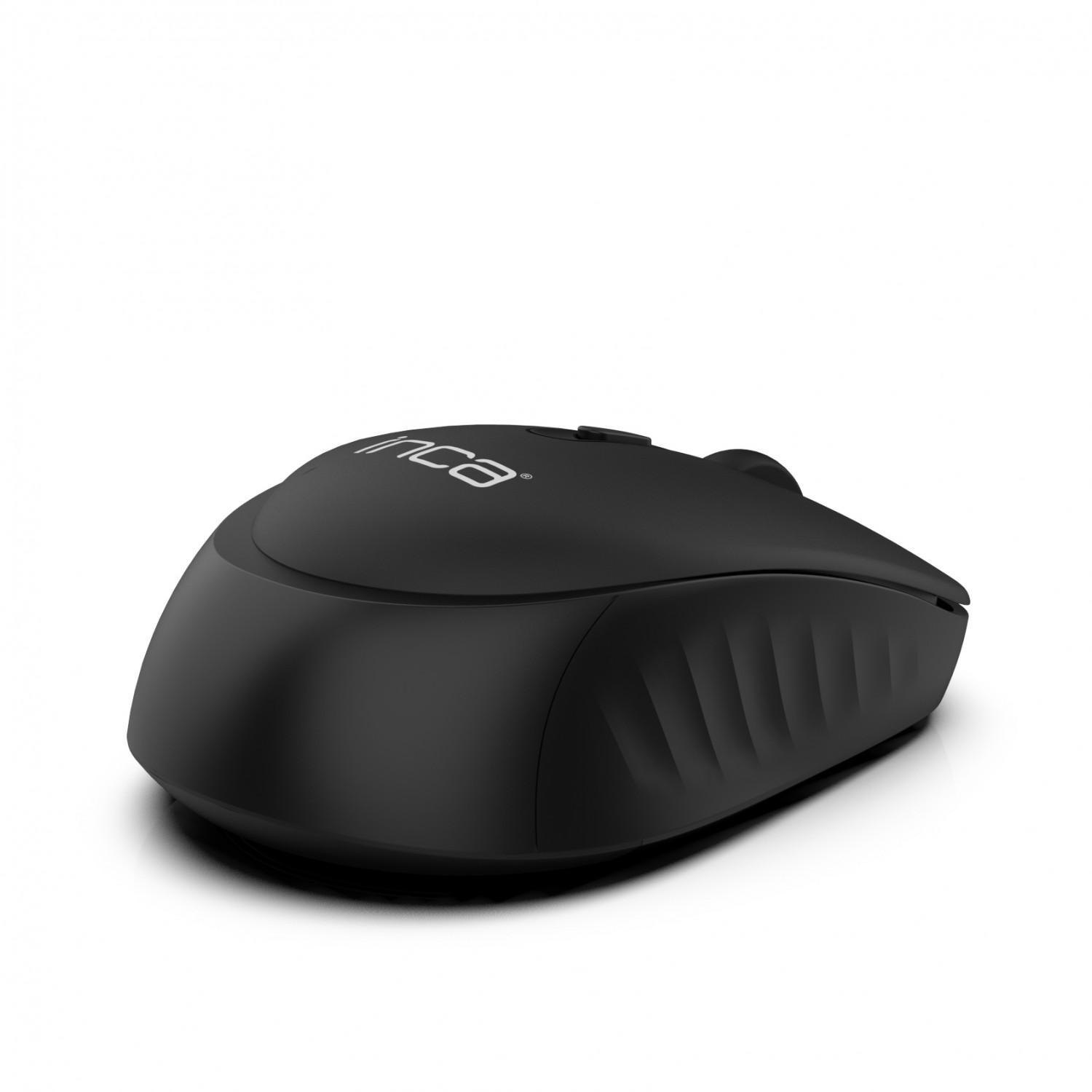 Eine schwarze Computermaus mit Inca-Logo vor weißem Hintergrund, von der Seite betrachtet.