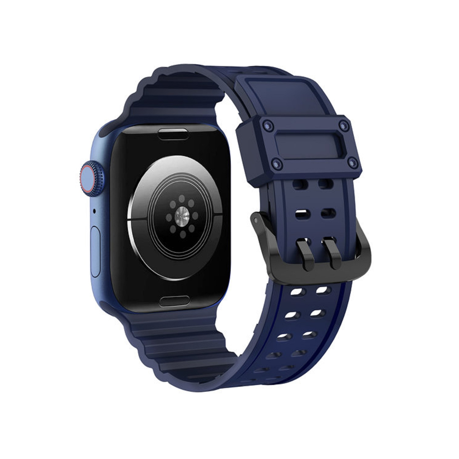 Eine blaue Smartwatch mit dunkelblauem Armband. Die Uhr ist rund.