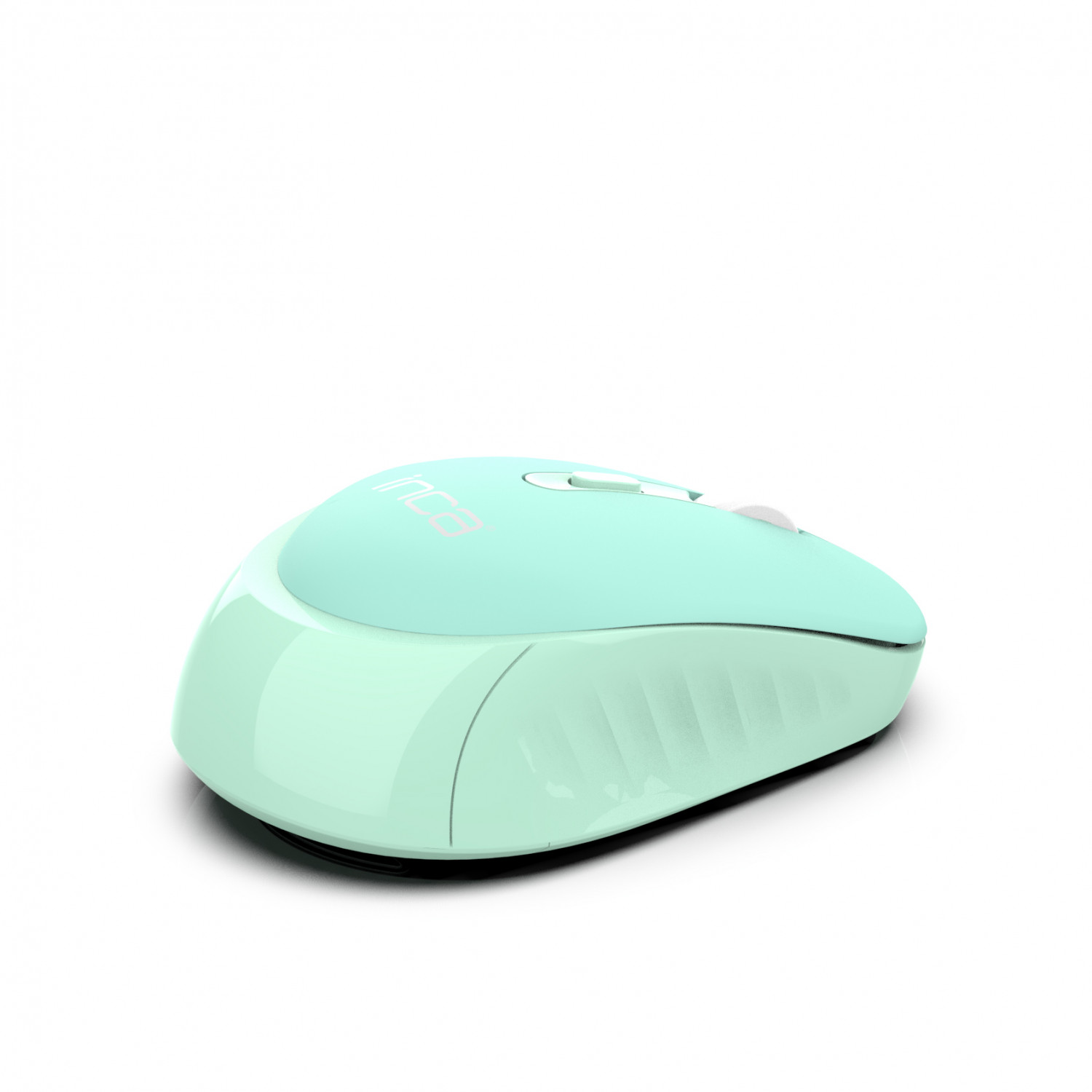 Eine mintgrüne kabellose Maus auf weißem Hintergrund. Die Maus hat ein schlankes, ergonomisches Design.