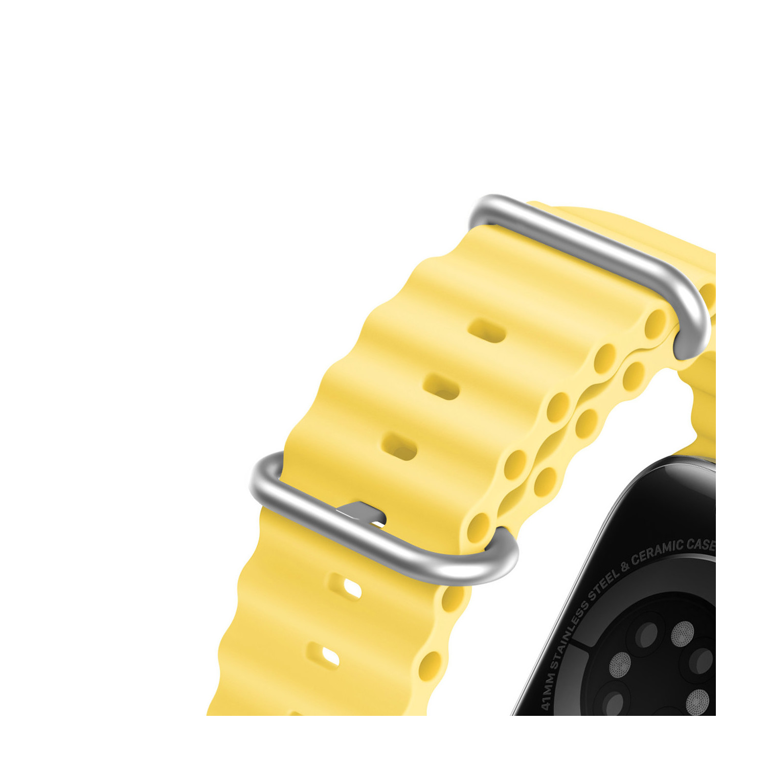 Gelbes Armband mit silbernem Steg und schwarzem Gehäuse. Detailaufnahme.