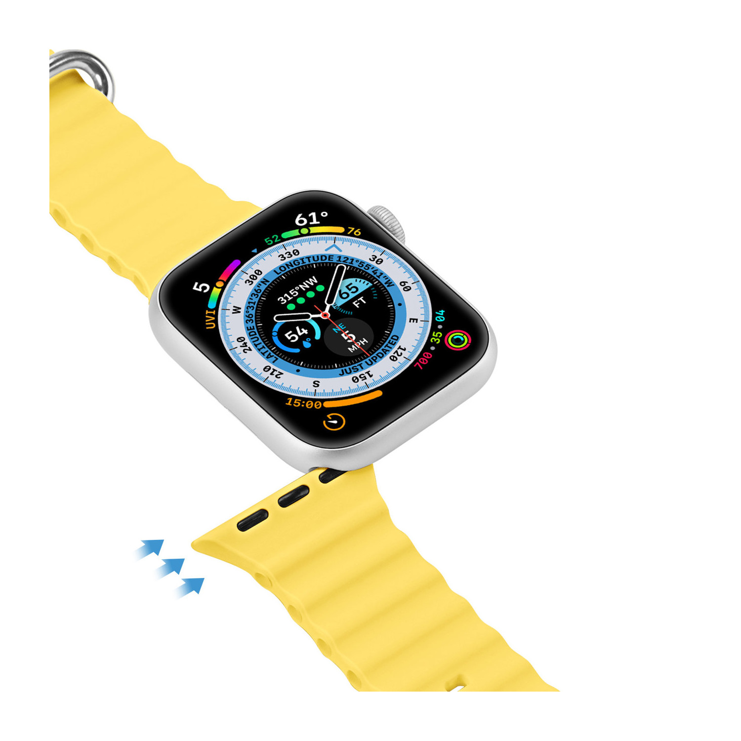 Eine gelbe Smartwatch mit silbernem Gehäuse und einem Zifferblatt, das Wetter und Fitnessdaten anzeigt.