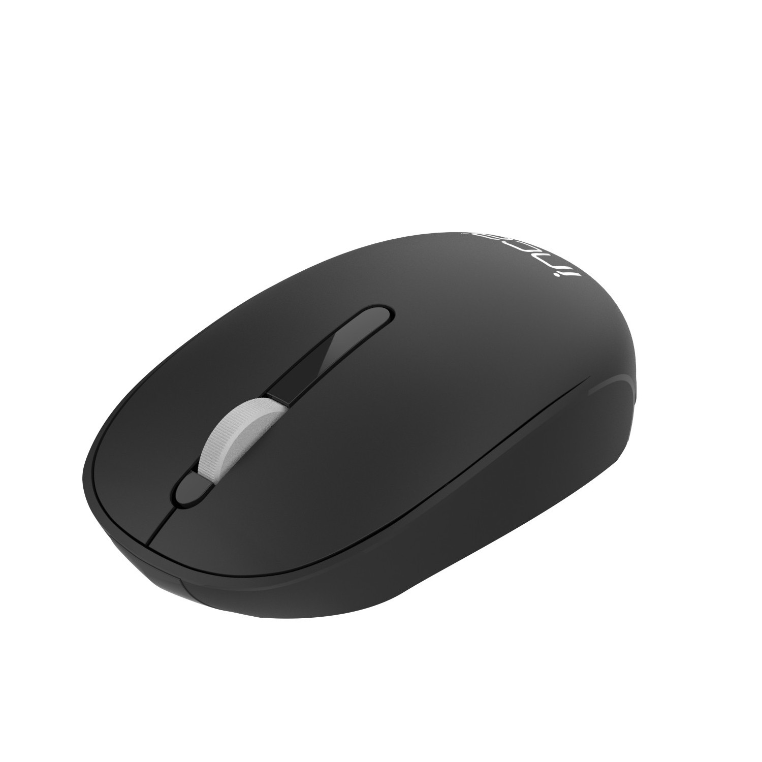 Black wireless computer mouse with a scroll wheel. The brand name is visible on top.