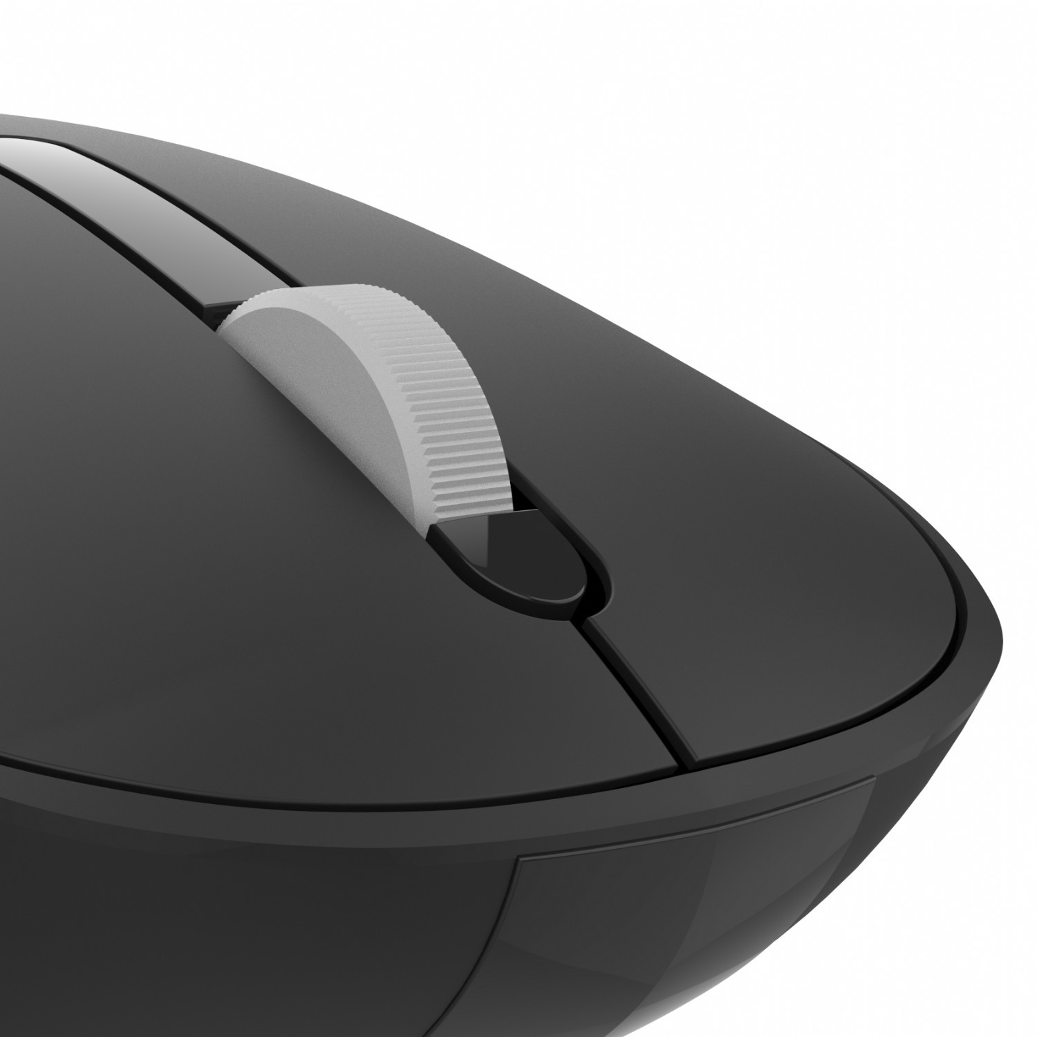 A close-up of a black mouse, showing the scroll wheel, with a white backdrop.