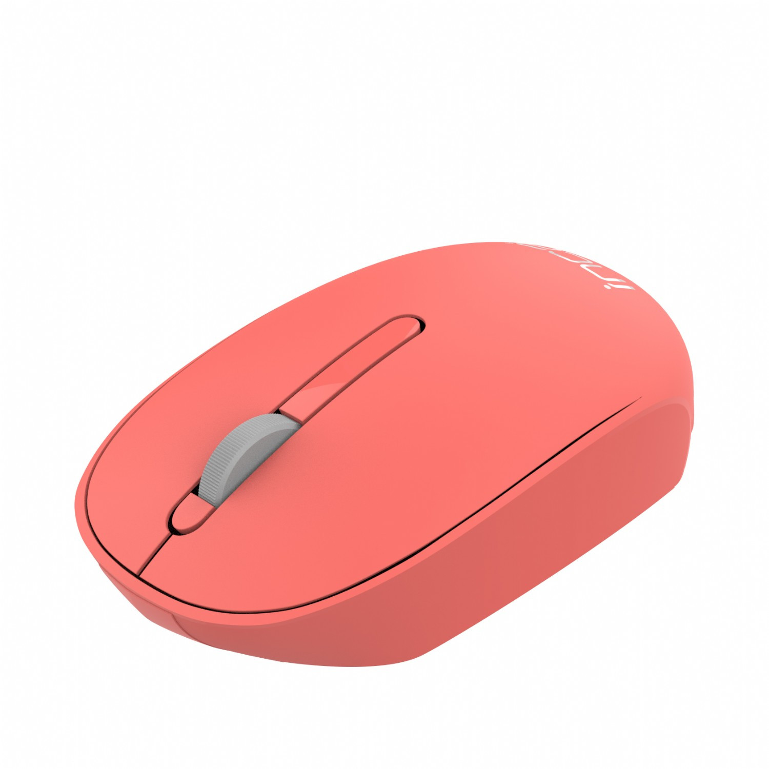 Een koraalkleurige draadloze muis met een scrollwiel. Het bevindt zich op een wit oppervlak.