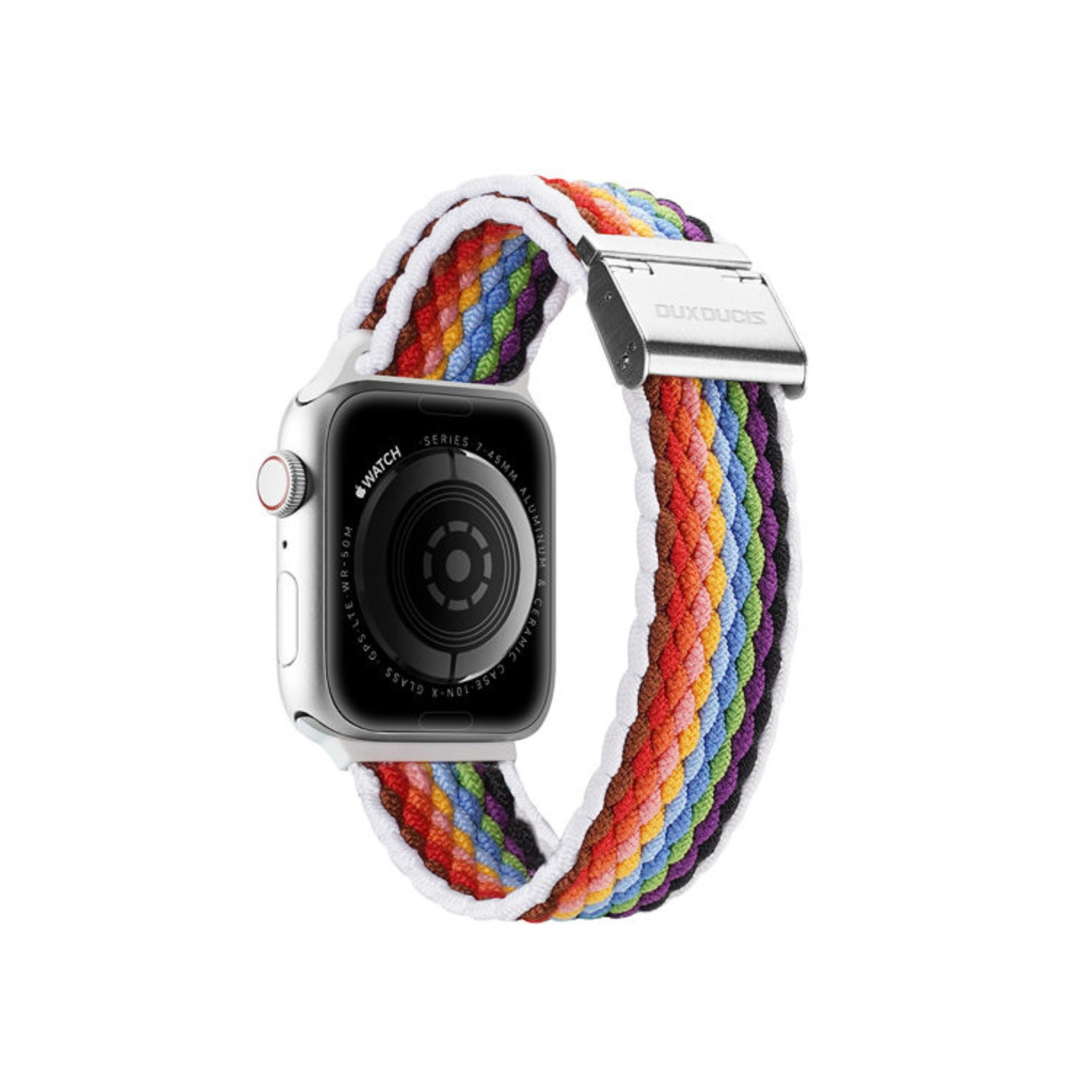 Apple Watch mit regenbogenfarbenem geflochtenem Armband und Edelstahlverschluss, isoliert auf weißem Hintergrund.