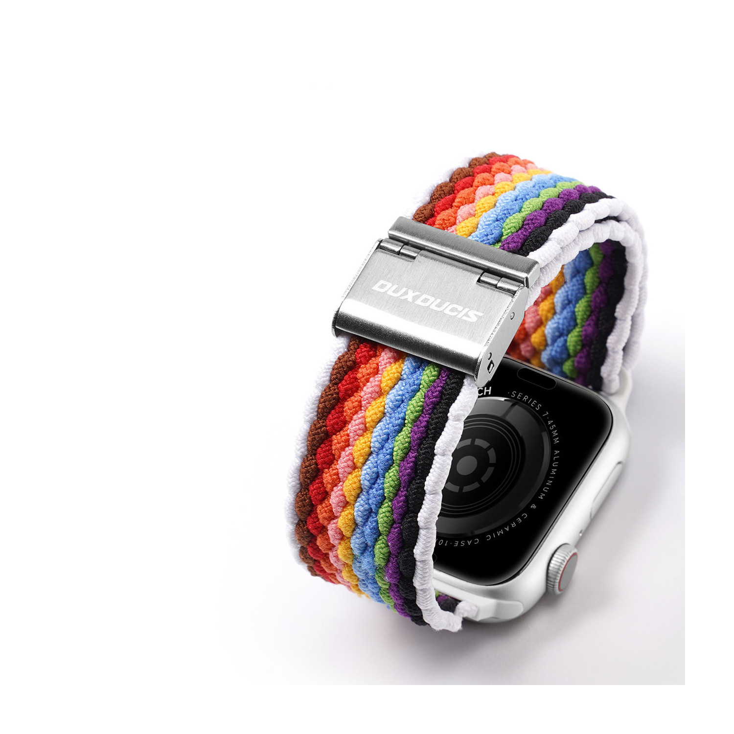 Ein farbenfrohes Uhrenarmband mit Metallverschluss ist an einer silbernen Apple Watch befestigt.