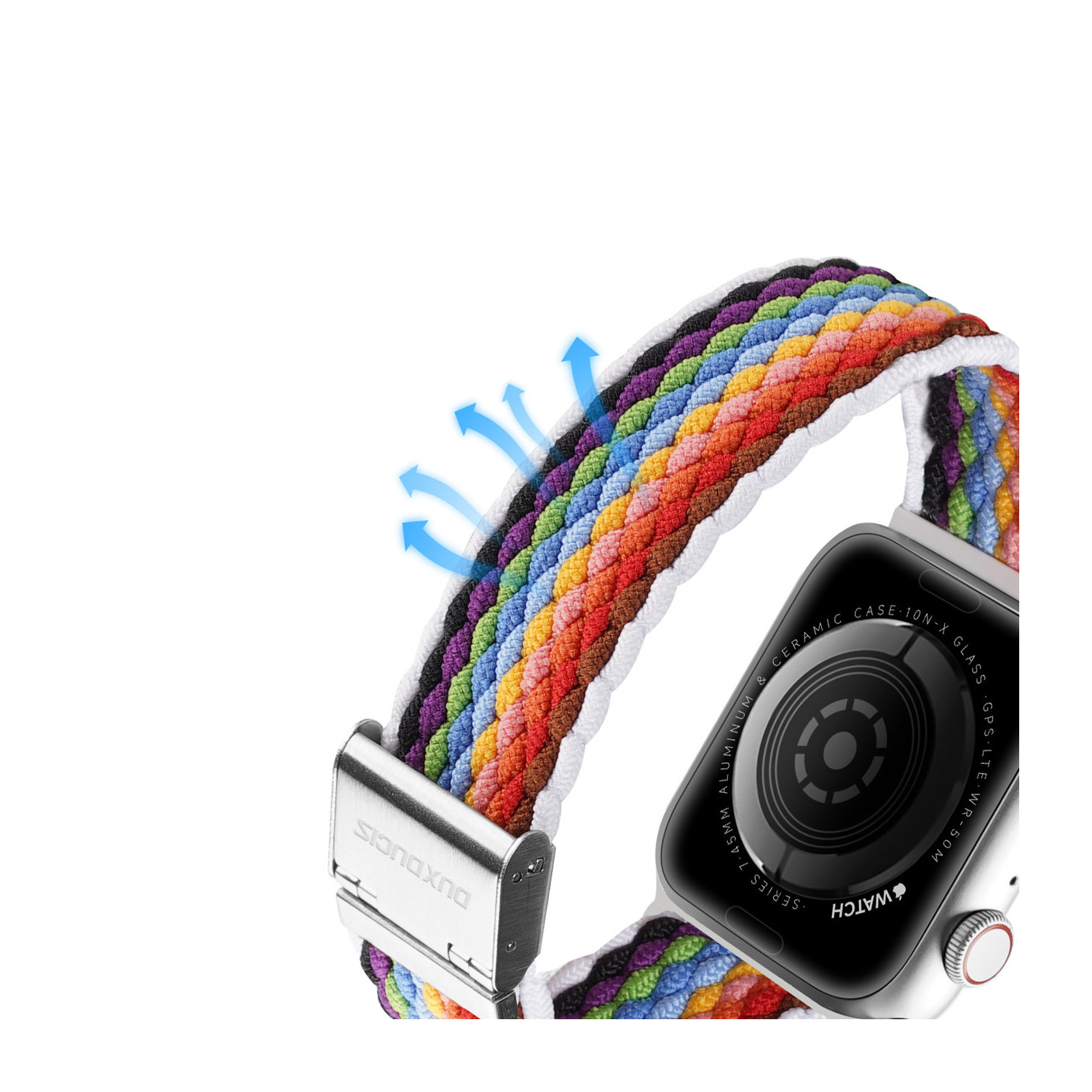 Ein mehrfarbig geflochtenes Uhrenarmband, das an einer silbernen Uhr befestigt ist. Das Armband hat bunte Fäden.