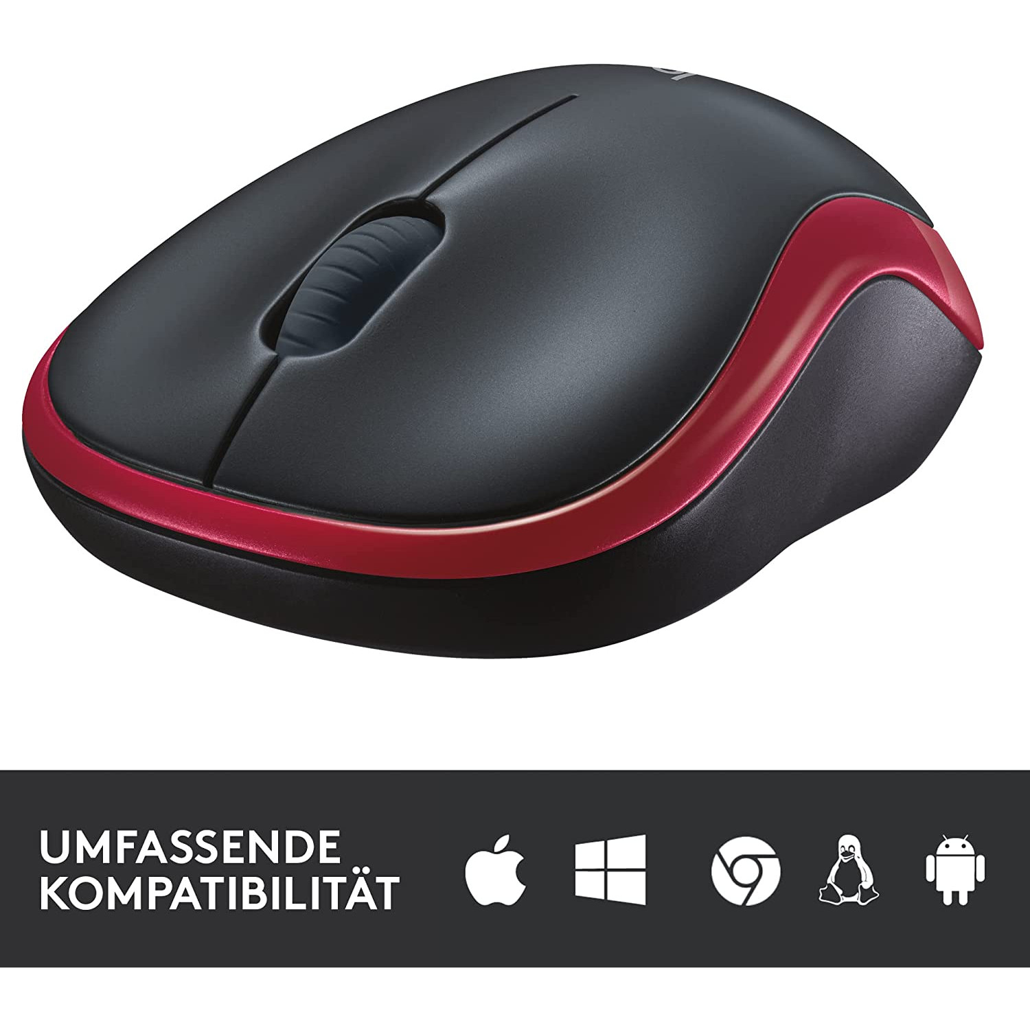 Zwarte en rode draadloze muis met scrollwiel. Compatibel met verschillende besturingssystemen. Tekst: Uitgebreide compatibiliteit.