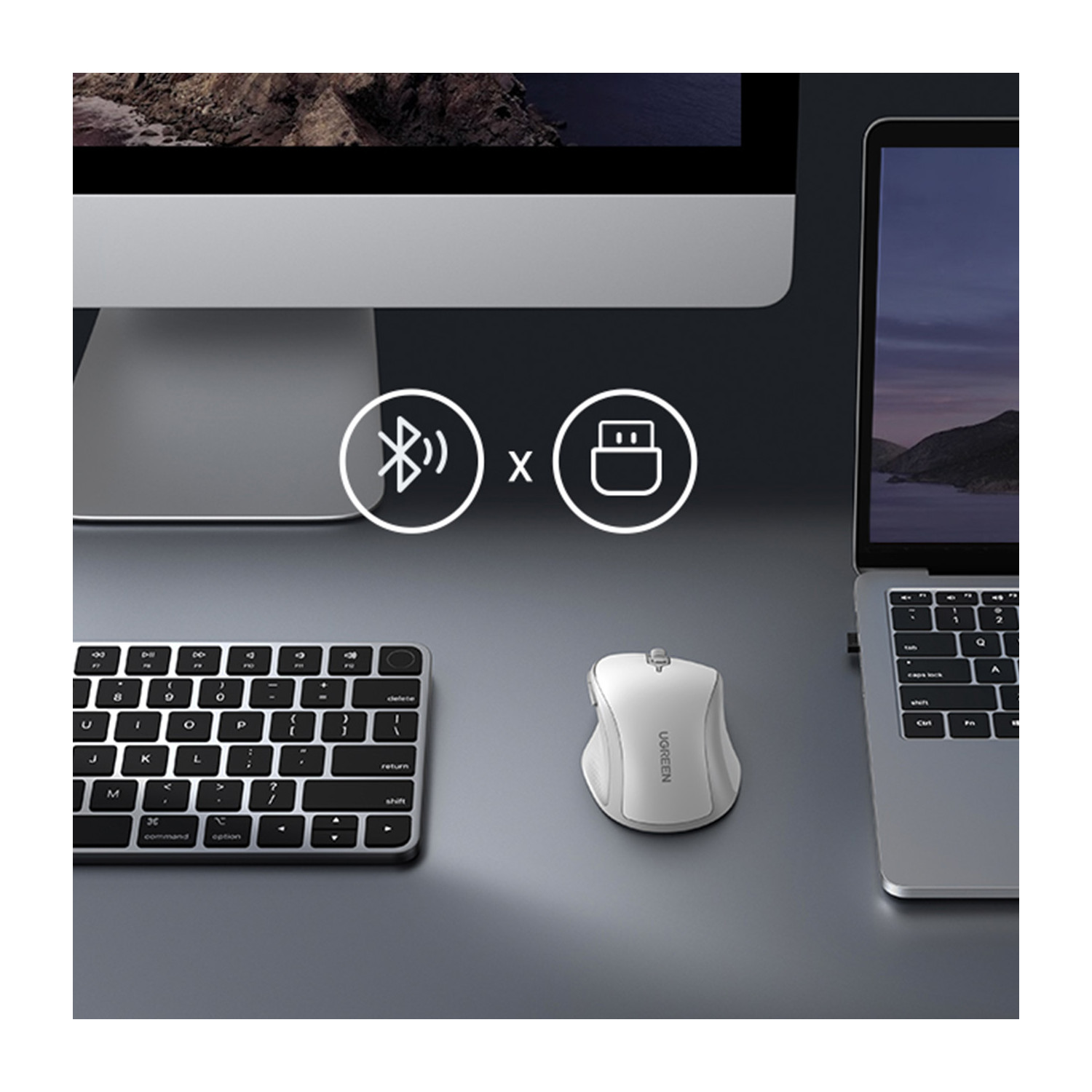Biała mysz obok klawiatury i laptopa z ikonami Bluetooth i USB.