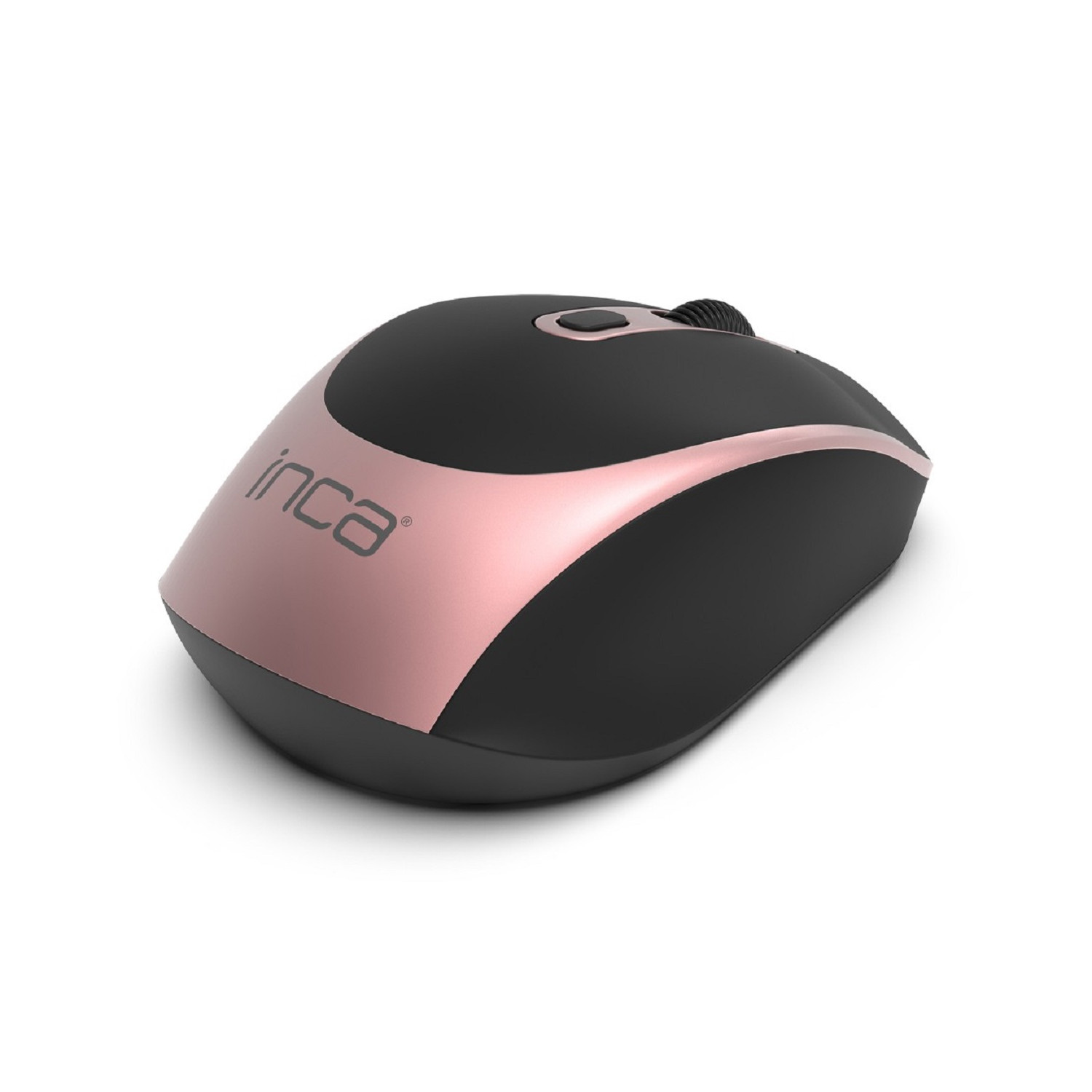 Schwarze und roségoldene Computermaus mit 'inca'-Logo auf weißem Hintergrund.