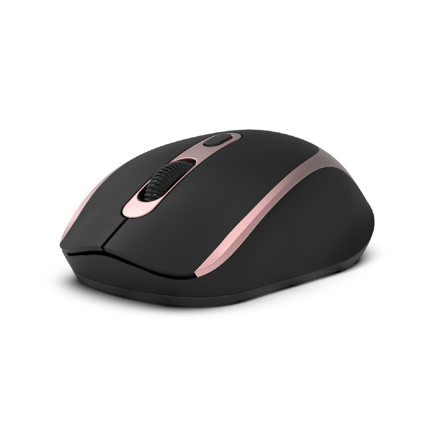Drahtlose Maus in Schwarz und Roségold. Obere Taste und Scrollrad. Glattes, ergonomisches Design.