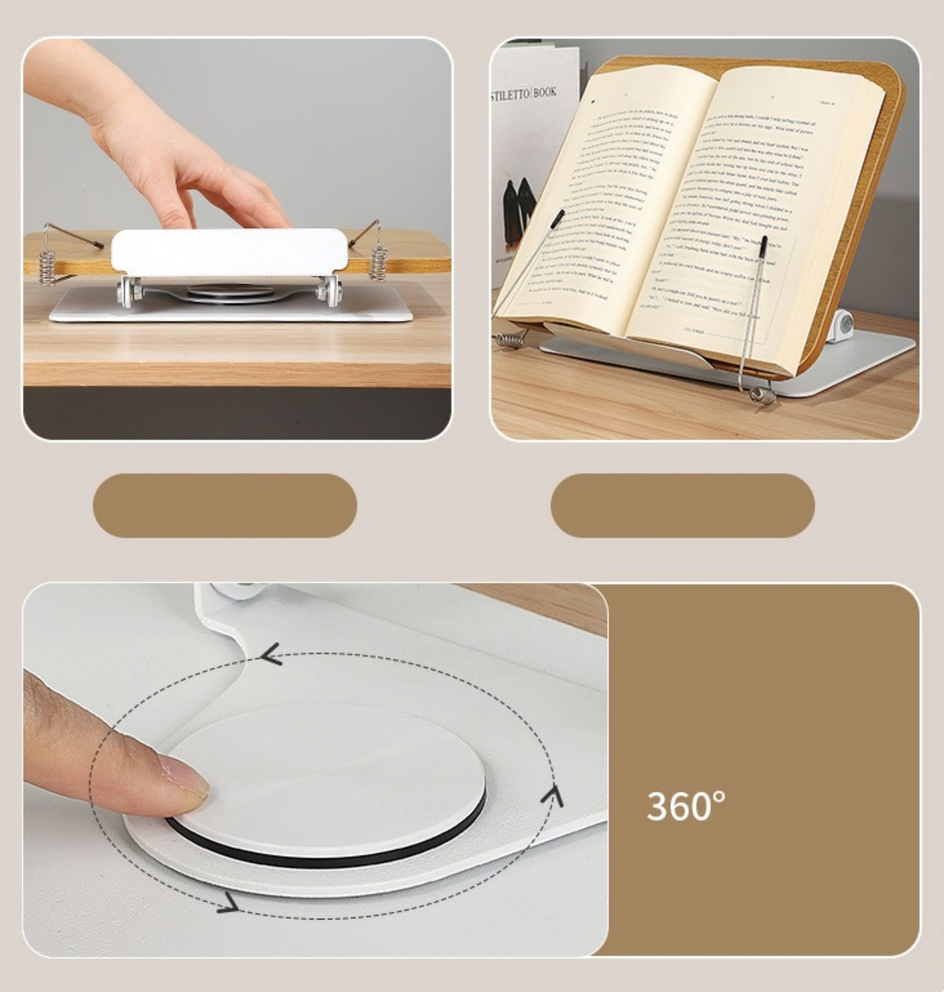 Buchständer in Gebrauch. Eine Hand passt den Ständer an. Der Ständer dreht sich um 360 Grad. Ein Buch wird angezeigt.