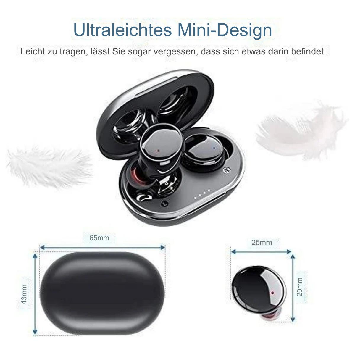 Kopfhörer in Ladecase, schwarz. Abmessungen sind 65x43mm. Kopfhörer: 25x20mm. Mit weißen Federn.