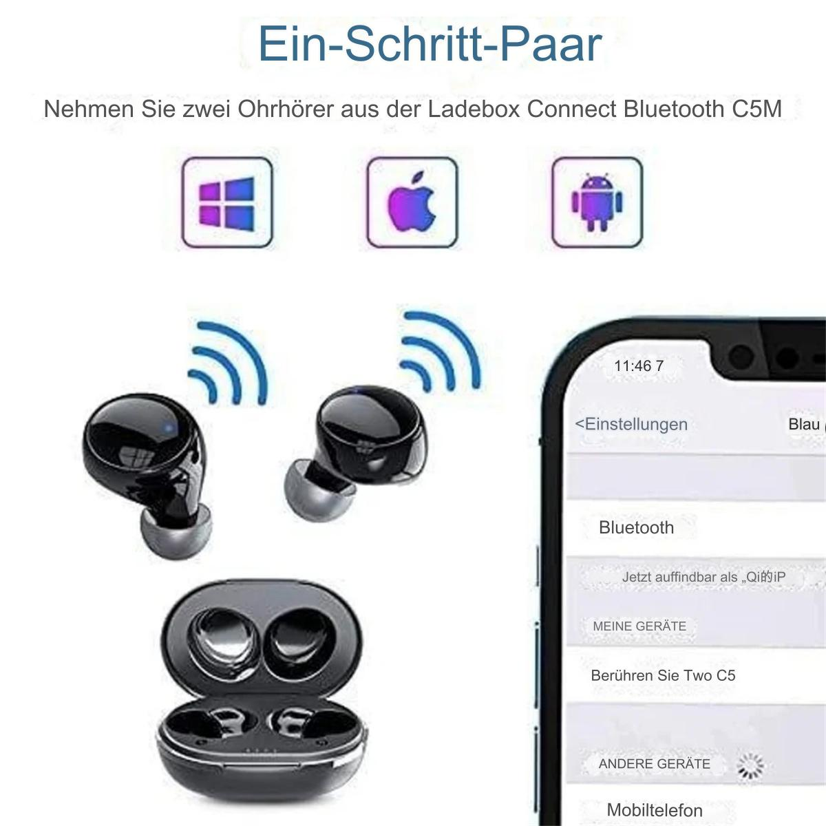 Kabellose Ohrhörer in einem Ladecase und Smartphone-Bildschirm mit Bluetooth.