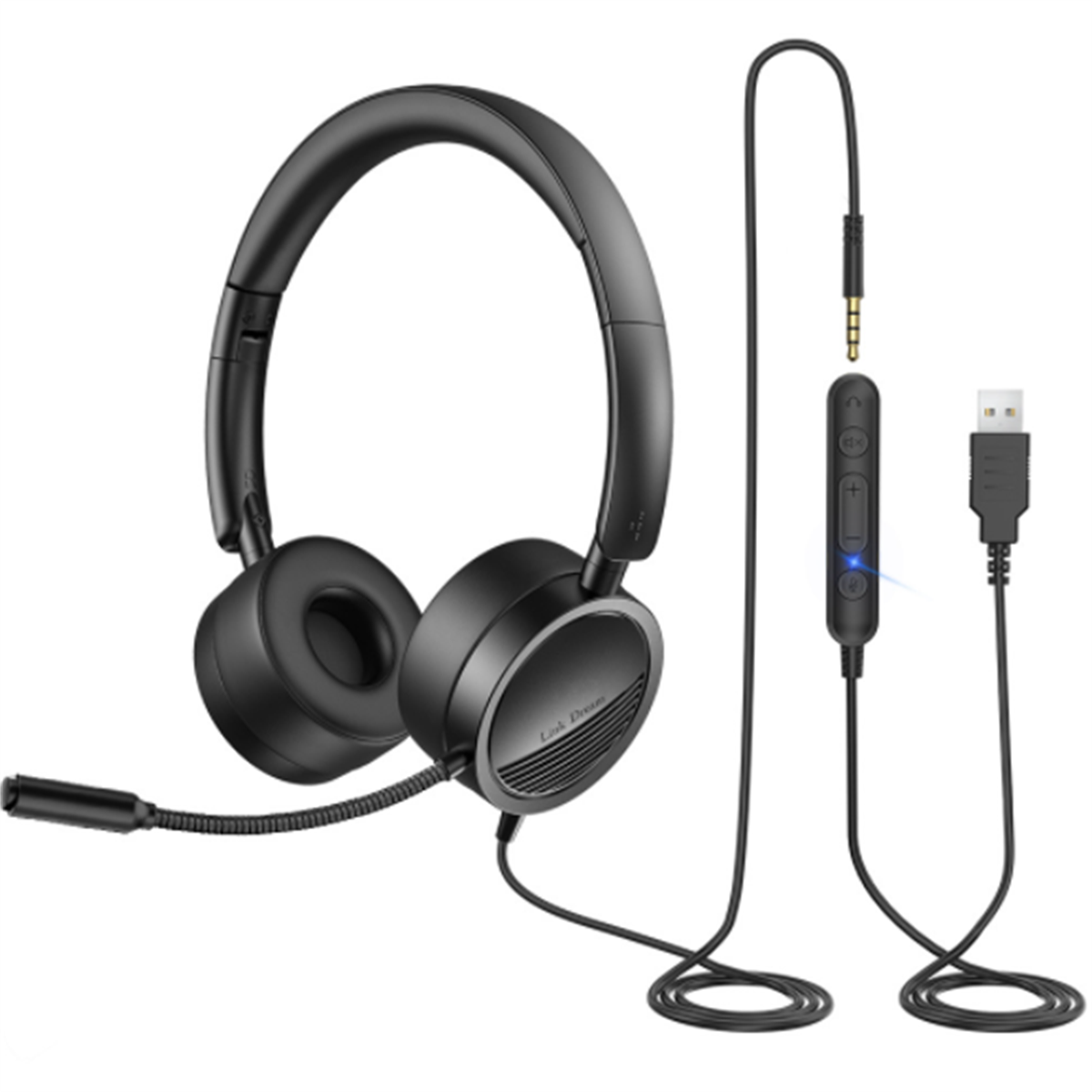 Ein schwarzes Headset mit Mikrofon, USB-Kabel und Lautstärkeregler auf weißem Hintergrund.