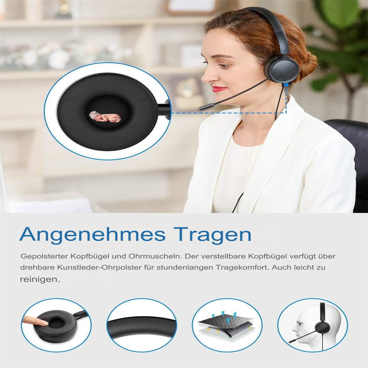 Frau mit Headset, mit Nahaufnahmen der gepolsterten Ohrmuscheln des Headsets.