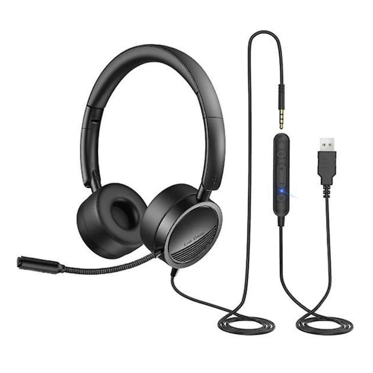 Schwarzes Headset mit Mikrofon, einem Steuermodul und einem USB-Anschluss. Weißer Hintergrund.