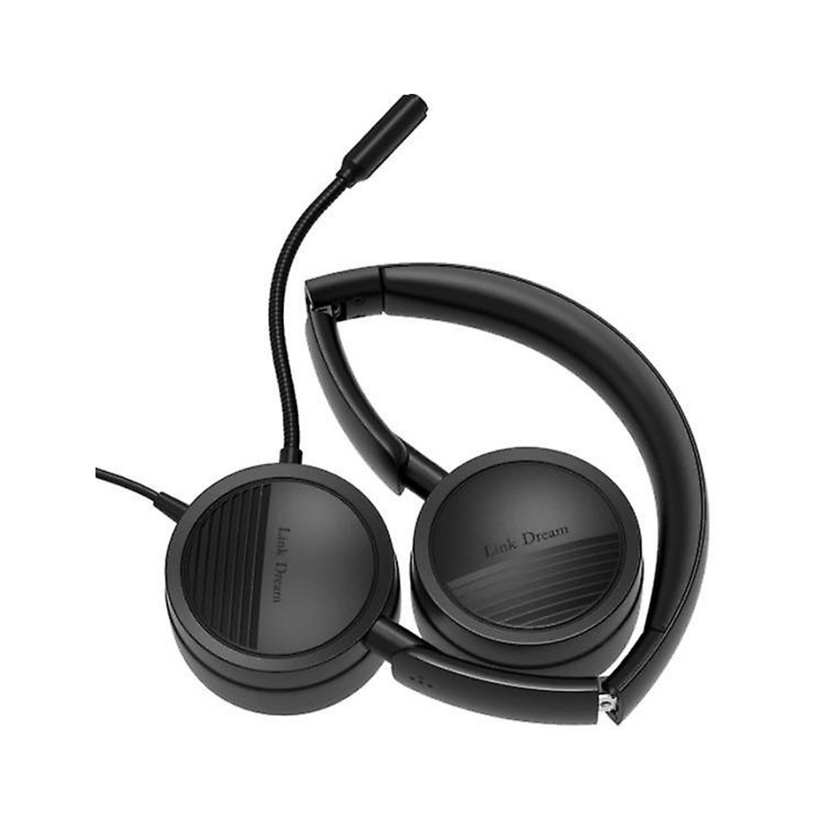 Schwarzes Headset mit Mikrofon, Kopfhörer am Kopfbügel befestigt.