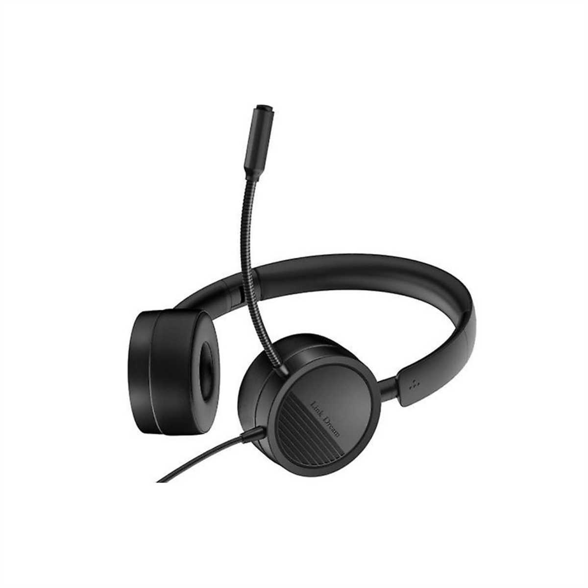 Schwarzes Headset mit Mikrofon auf weißem Hintergrund.