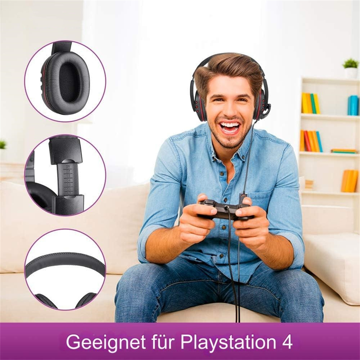 Mann spielt Videospiele mit Headset, fröhlicher Ausdruck und Controller.