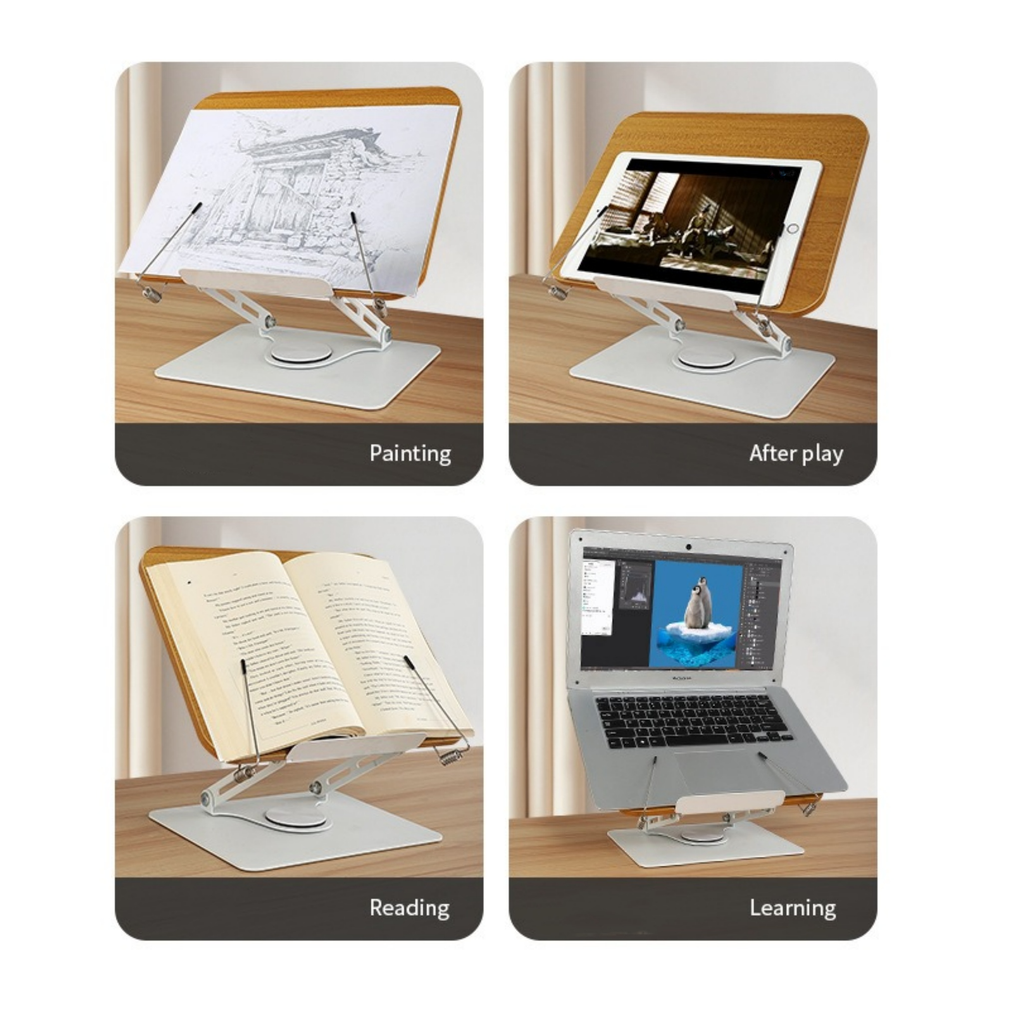 Ein weißer Schreibtischständer, der ein Tablet, ein Buch, eine Zeichnung und einen Laptop hält, jeder mit Etikett.