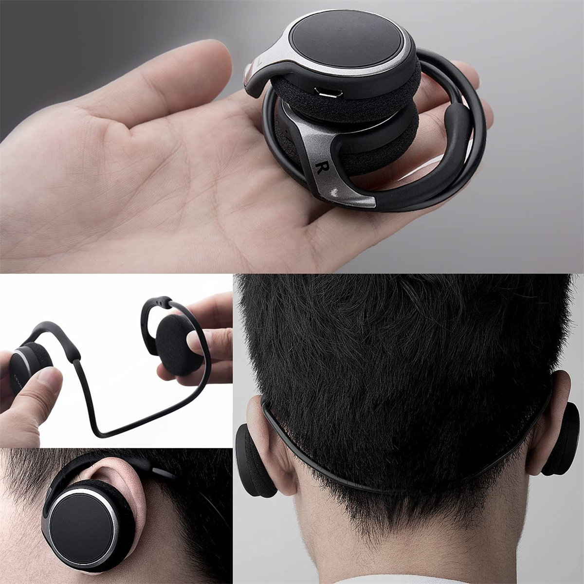 Vier Bilder eines faltbaren Headsets in Gebrauch. Es ist schwarz und silber.